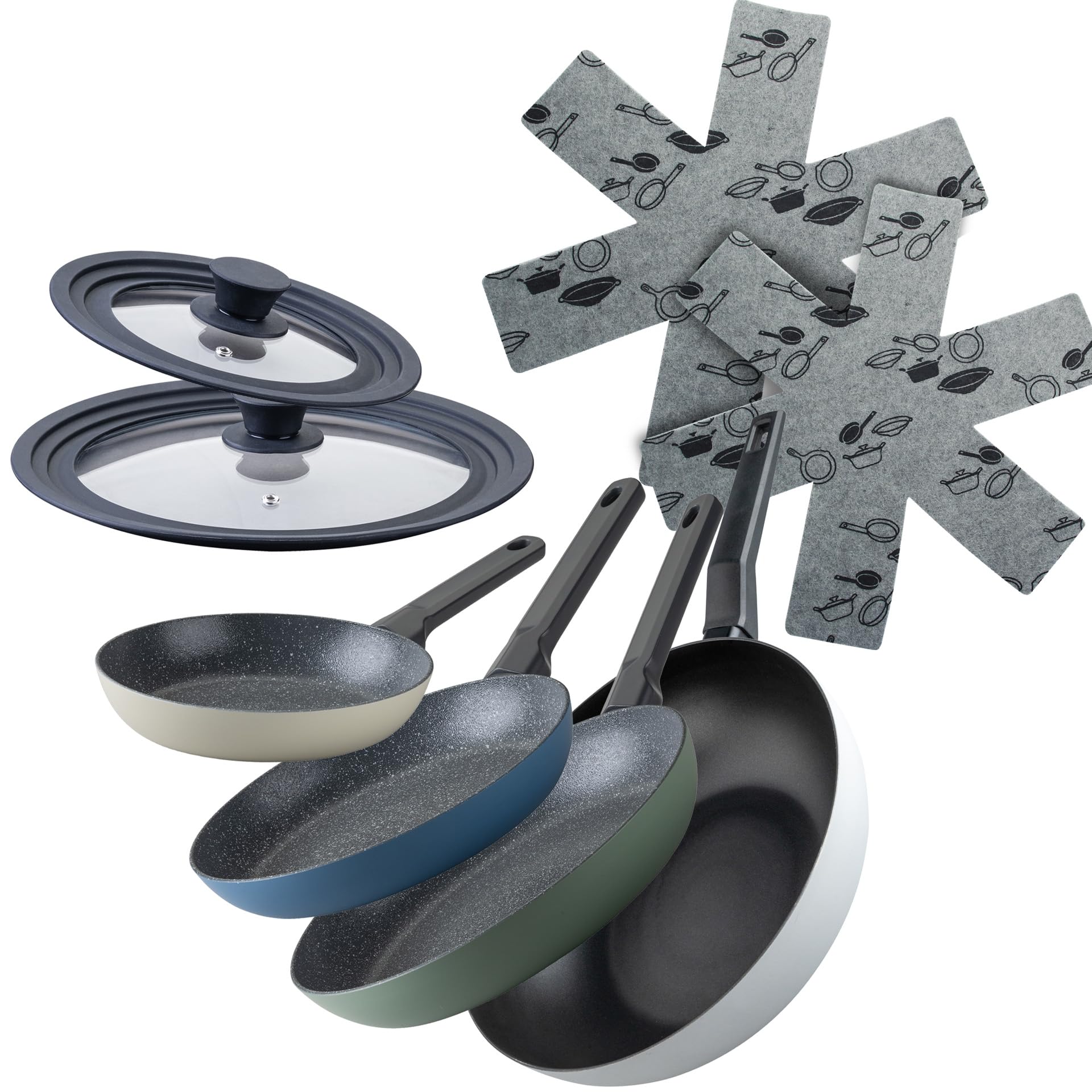Fackelmann Set Padelle, Wok Ø30 in Alluminio Riciclato, 3 Padelle Antiaderenti Effetto Pietra 20/24/28 cm, 2 Coperchi Universali in Vetro, bordo silicone, Adatte Induzione, Senza PFAS, Linea Balance