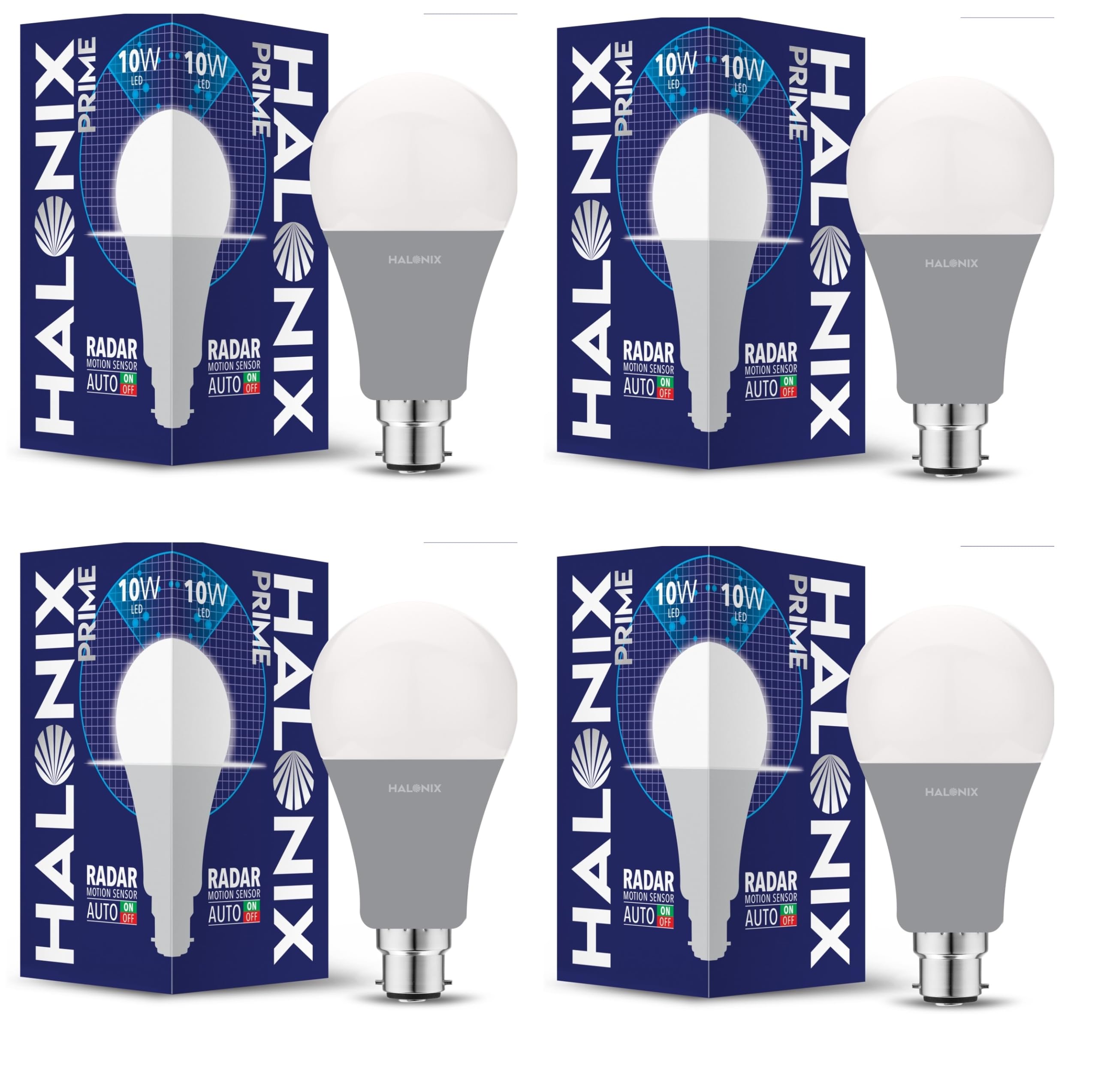 Halonix 10W Auto-on-Auto off Radar Motion Sensor Led Bulb | Auto on-Auto off led bulb | Color- White | Base- B22 | Pack of 4 |