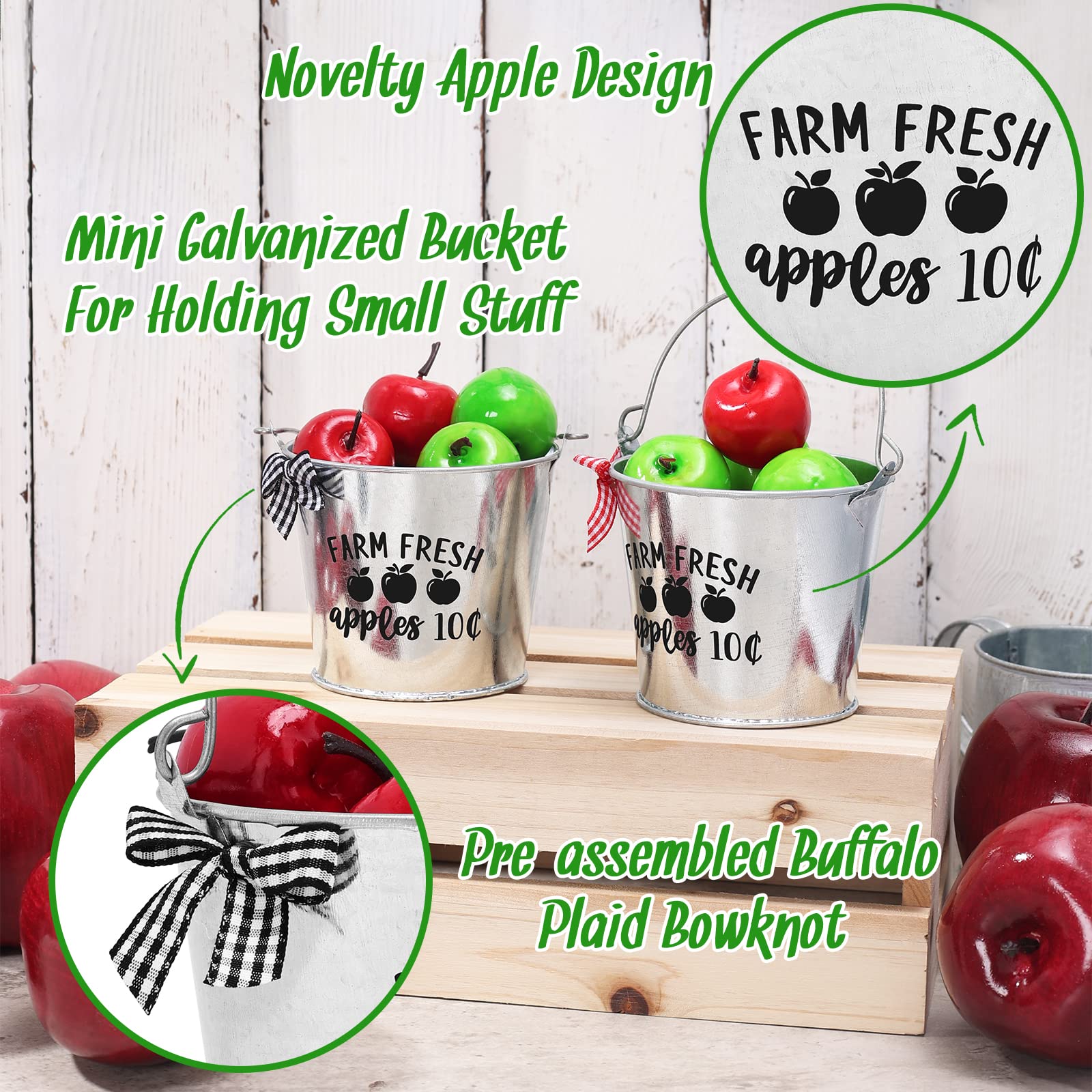 Apple Tiered Tray Decor Mini Metal Bucket with Faux Farm Fresh Apple 10??á Fall Decor Autumn Table Centerpiece Buffalo Plaid Harvest Ornament Set of 2