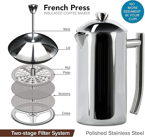 Miniatura 2 de Frieling Cafetera de prensa francesa de acero inoxidable de doble pared, cepillada, 44 onzas más cucharaagitador de café de acero inoxidable 1810, 2