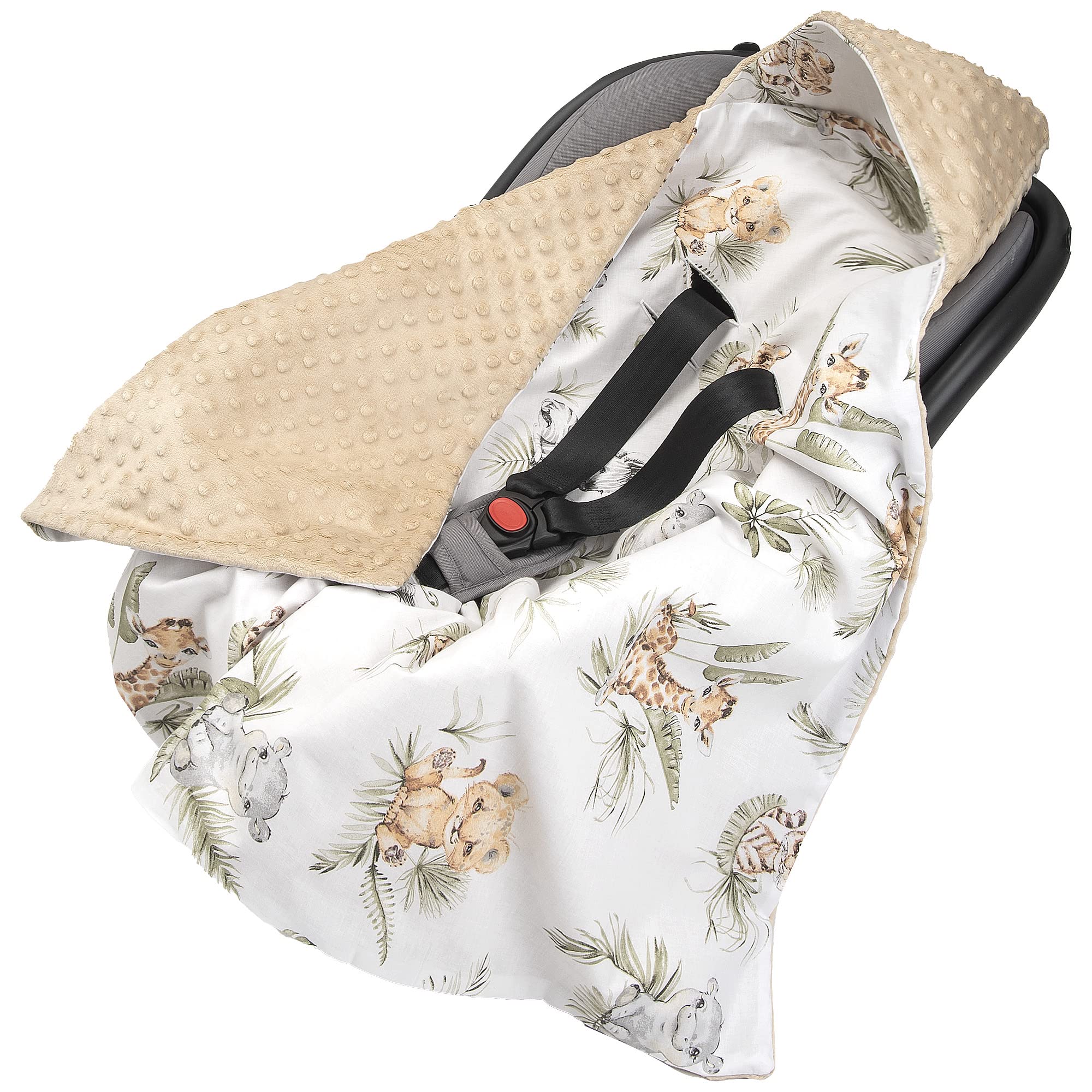 Medi Partners Coperta neonato ovetto Sacco per Passeggino - 100% Cotone universale Blanket 85x85cm fodera protettiva Morbida e Accogliente Passeggini Marsupio (Safari con Minky beige)