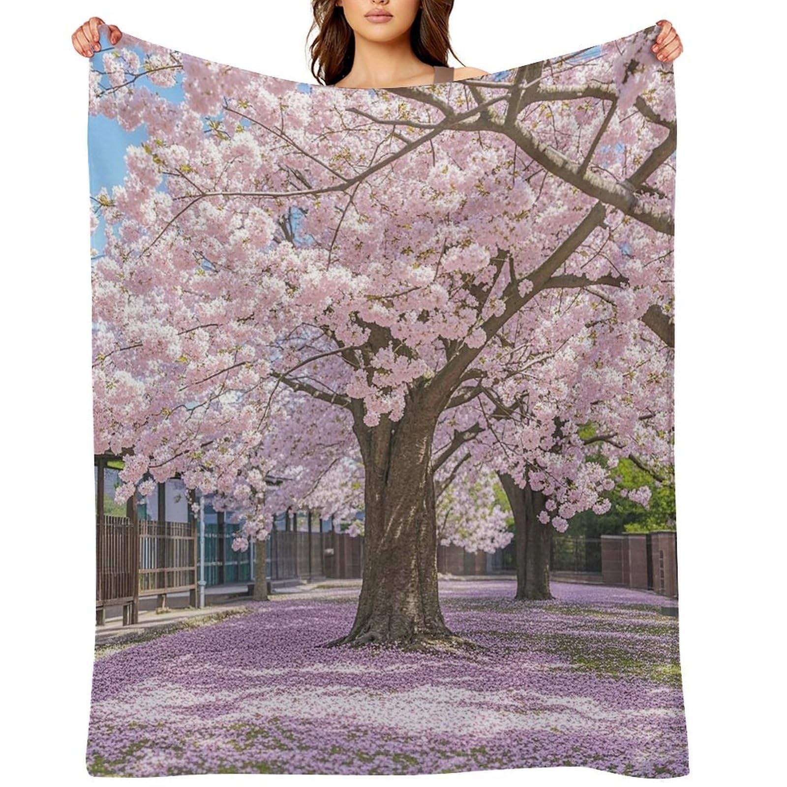 Flannel Cherry Blossom Throw Blanket for Couch Super Soft Fuzzy Cozy Flannel Blankets No Shed No Pilling FAnti-Static Winter Bed Blanket Decorative and Giftable Blankets