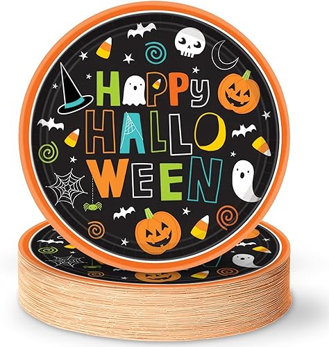 Amscan Hallo-ween Friends - Platos redondos de 9 pulgadas (paquete de 60) - Vajilla todo en uno divertida, festiva y espeluznante para tu