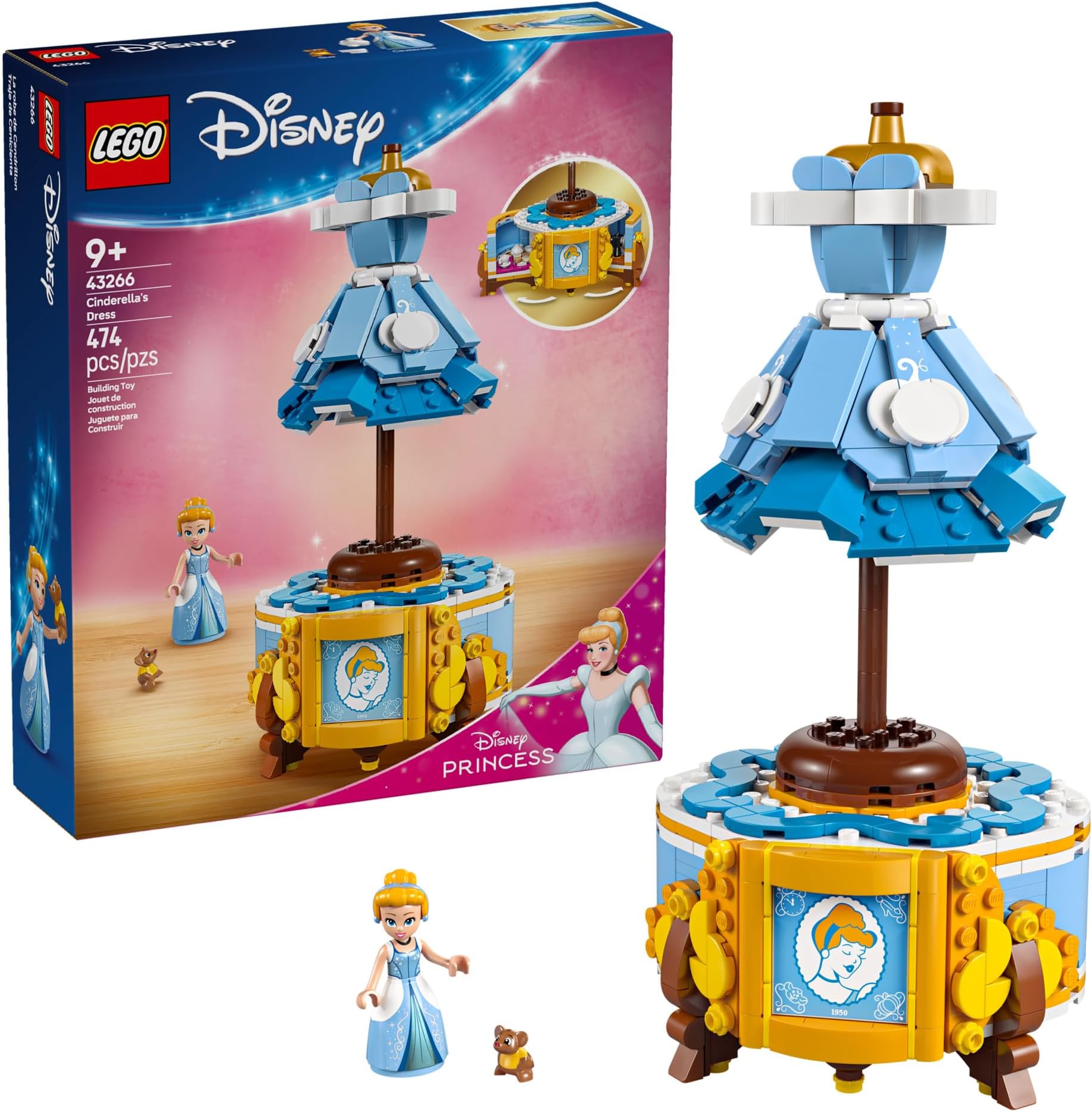 Disney Princess Cinderellaโs Dress Kids Toy with Minidoll Character - Fun Building Toy for Girls and Boys Ages 9 and Up - Disney Gift Idea for Fans and Fashion Lovers - 43266