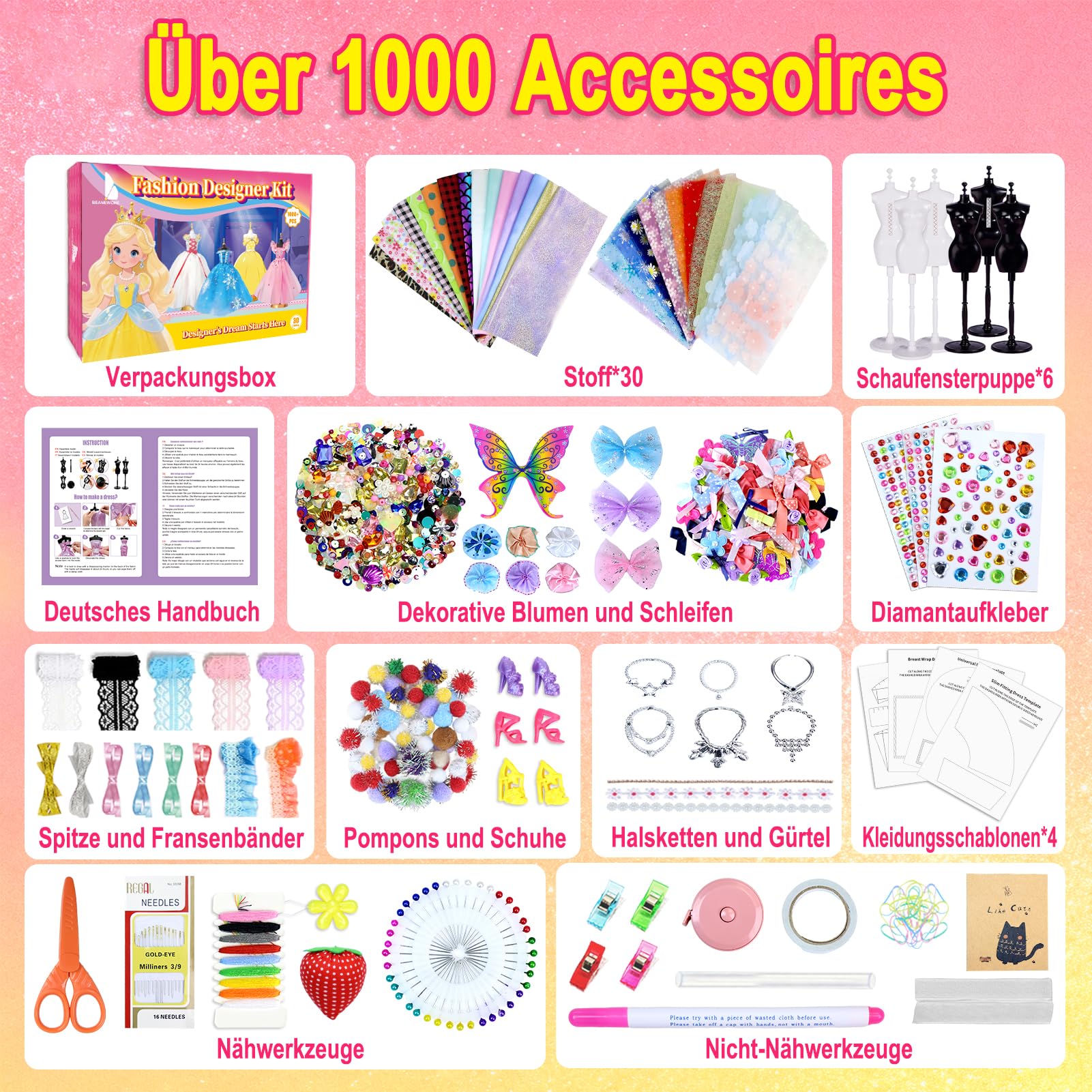 Beanewone Modedesign Mädchen 1000+ Stücke, Nähsets Kinder Enthält 30 Stoffstücke und 6 Schneiderpuppe, Fashion Design Basteln ab 6 Jahre, Modedesign Mädchen Bastelset ab 6 7 8 9 10 11 12+ Jahre