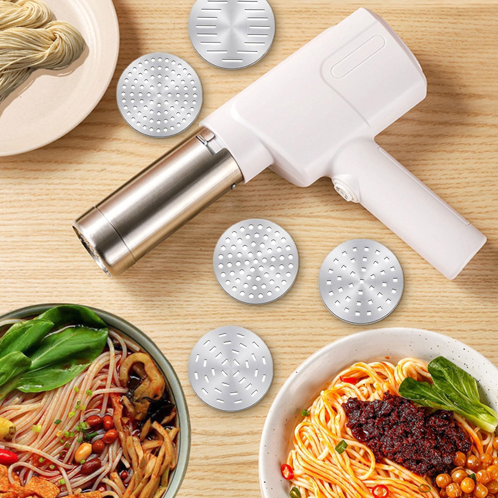 Máquina de Pasta Eléctrica Inalámbrica Portátil – Pasta Maker Automático con Batería 2000/2600mAh, 5 Moldes Intercambiables y Accesorios, Acero Inoxidable, Hogar & Exterior