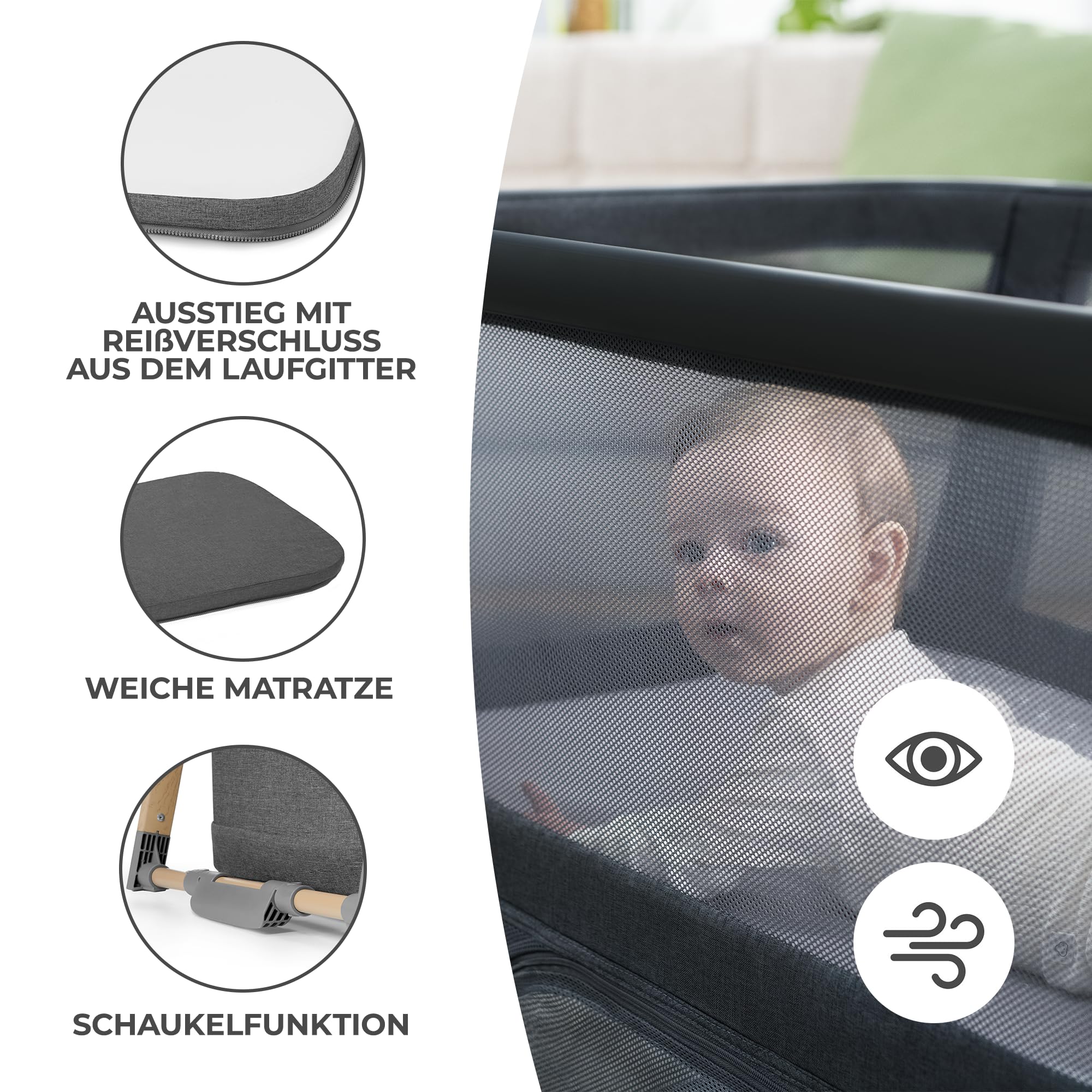 Kinderkraft Kinderreisebett 4 in 1 SOFI, Babybetten, Kinderbett, Baby Zustellbett, Reisebett mit Zubehör, mit Laufgitterfunktion, Modernes Design, Kleine Abmessungen nach Zusammenklappen, Grau
