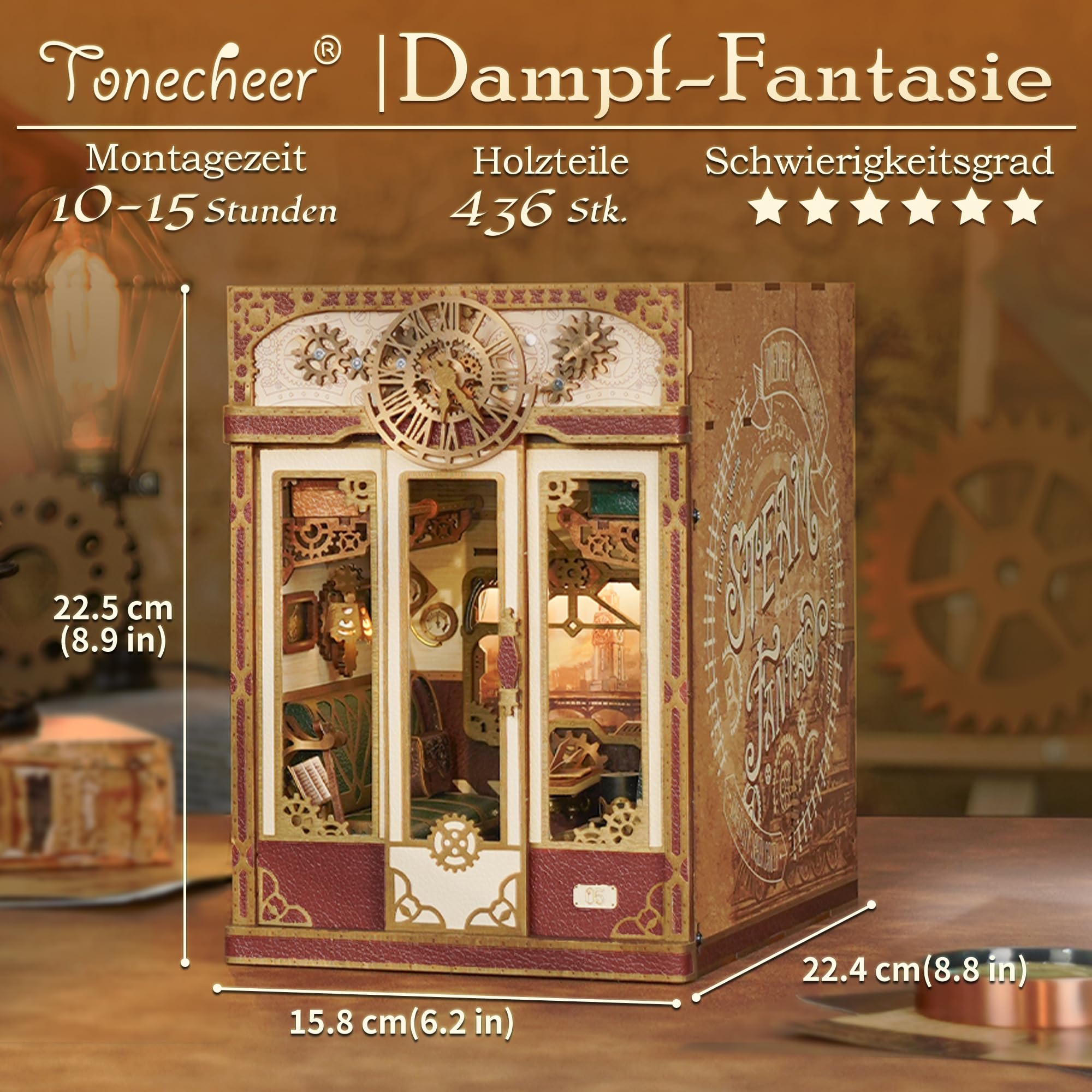 Tonecheer Book Nook Kits，Unendlichkeits-Zugabteil 3D-Puzzle, Buchstützen aus Holz Erwachsene Booknooks DIY Miniaturhaus zur Dekoration von Bibliotheken & Bücherregalen（Dampf-Fantasie）