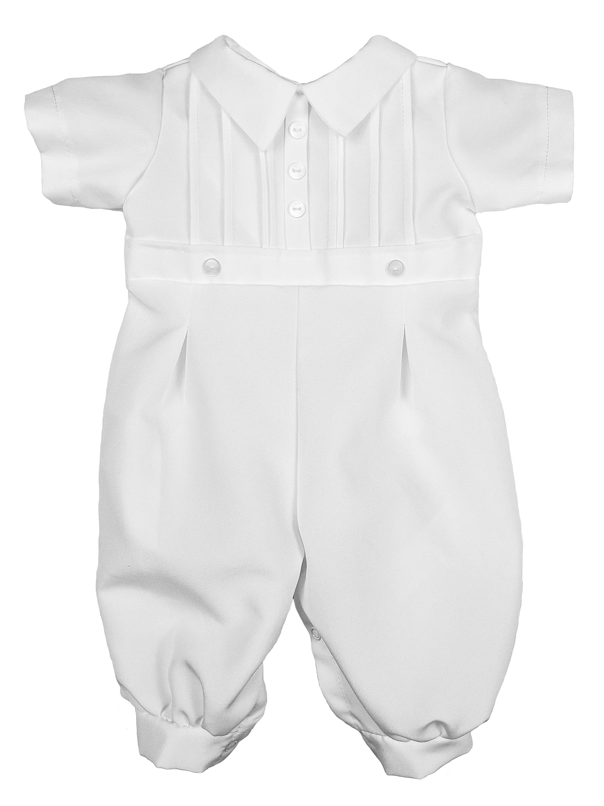 Little Things Mean A LotBaby Boys White Short Sleeve Collared Romper Coverall with Pin-Tucking
