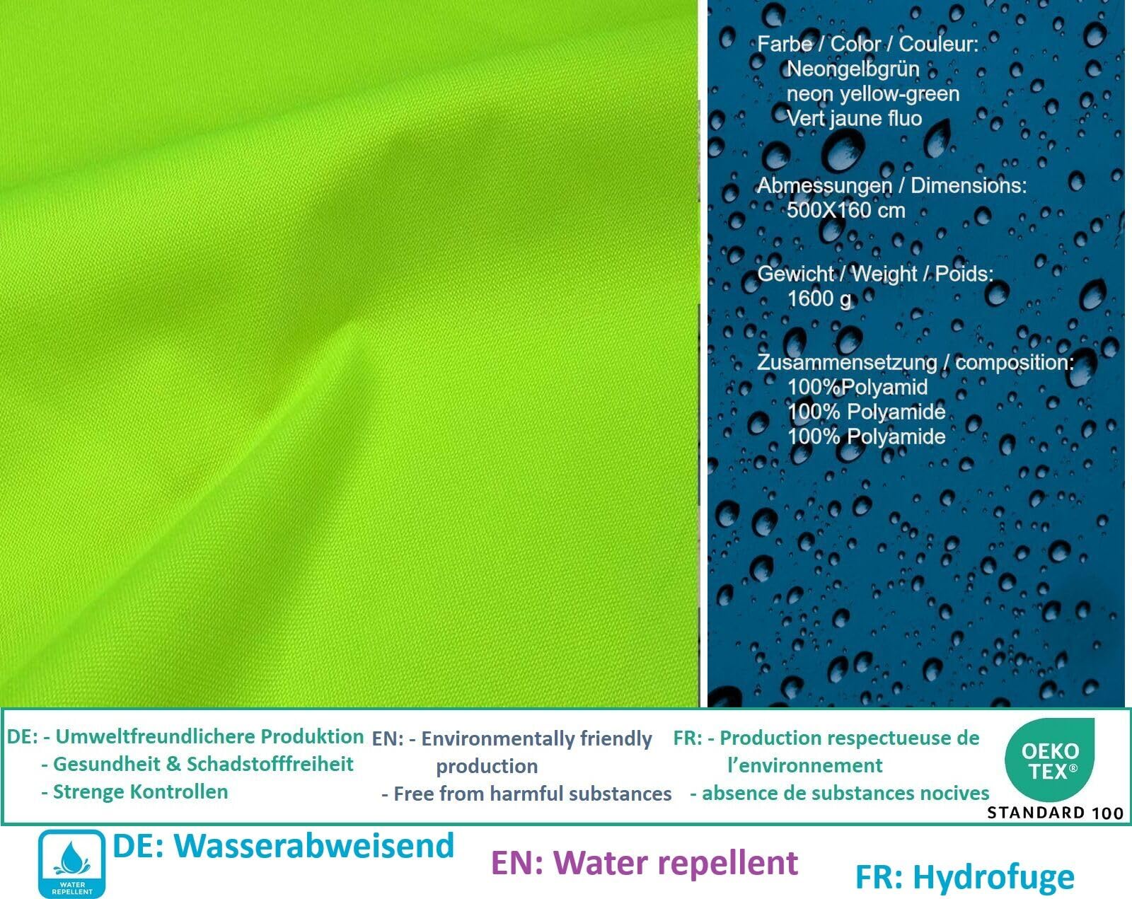 Fabrics-City Neonowo-żółto-zielony, towar sprzedawany na metry, materiał nylonowy, odporny na działanie wody, Cordura, lekki, 200 g/m², do użytku na zewnątrz, plecaków, namiotów, kurtek, DIY, na