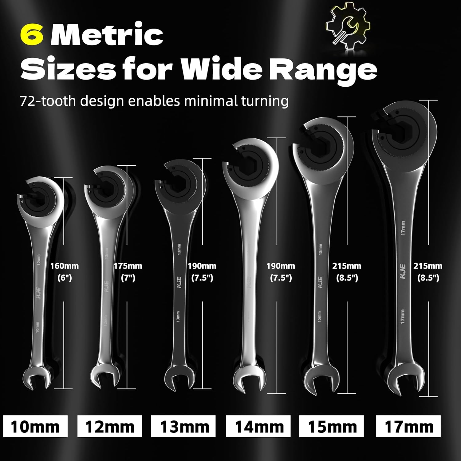 KJE 6PCS Metric 10-17mm Ratcheting Flare Nut Wrench, Brake Line Wrench Set, Ratcheting open end Tubing Wrench Set, 72-Tooth, CR-V, for Nuts on Fuel, Brake or Air Conditioning Lines, Gifts for Men