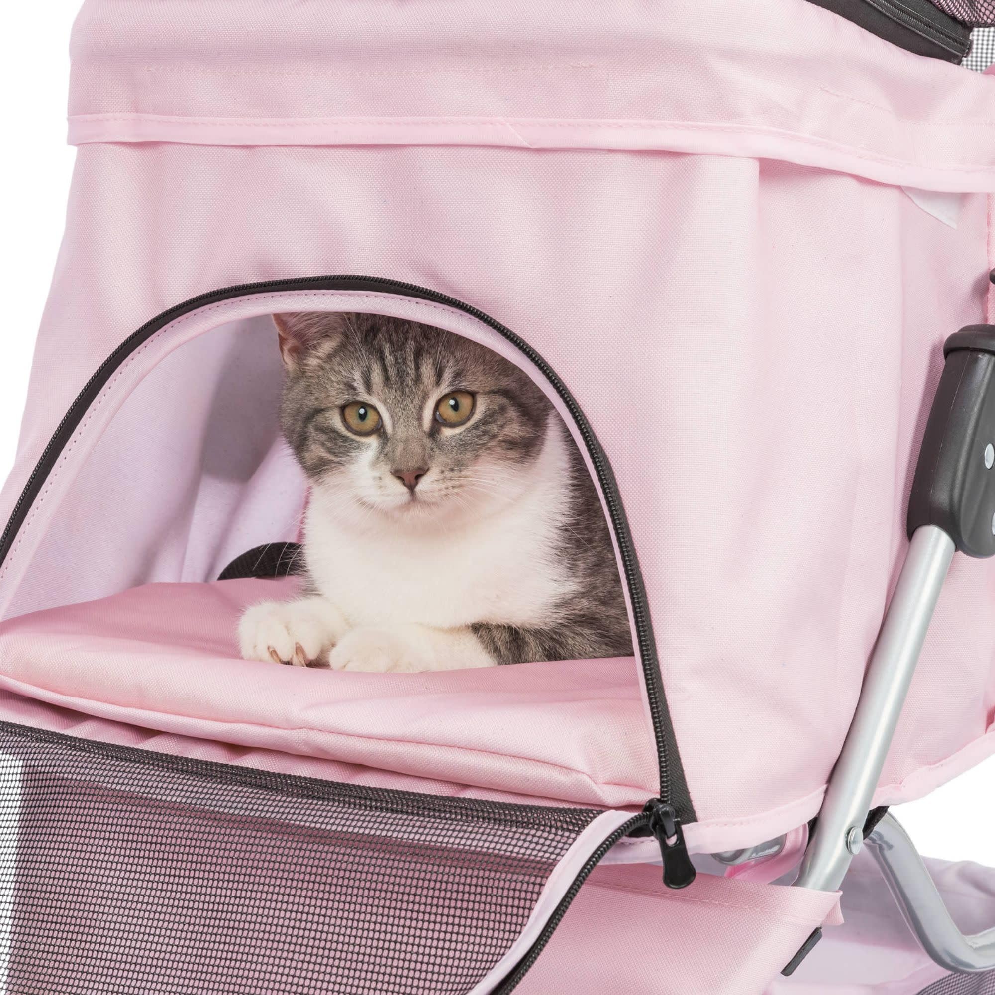 TRIXIE Passeggino pieghevole per cani e gatti, trasportino per animali domestici, con copertura per le intemperie, cestino portaoggetti, portabicchieri, rosa