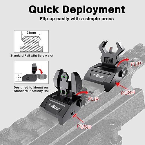Miniatura 3 de Mira táctica de hierro abatible de perfil bajo, mira delantera y trasera, compatible con riel Picatinny y riel de rifle Weaver, mira plegable de