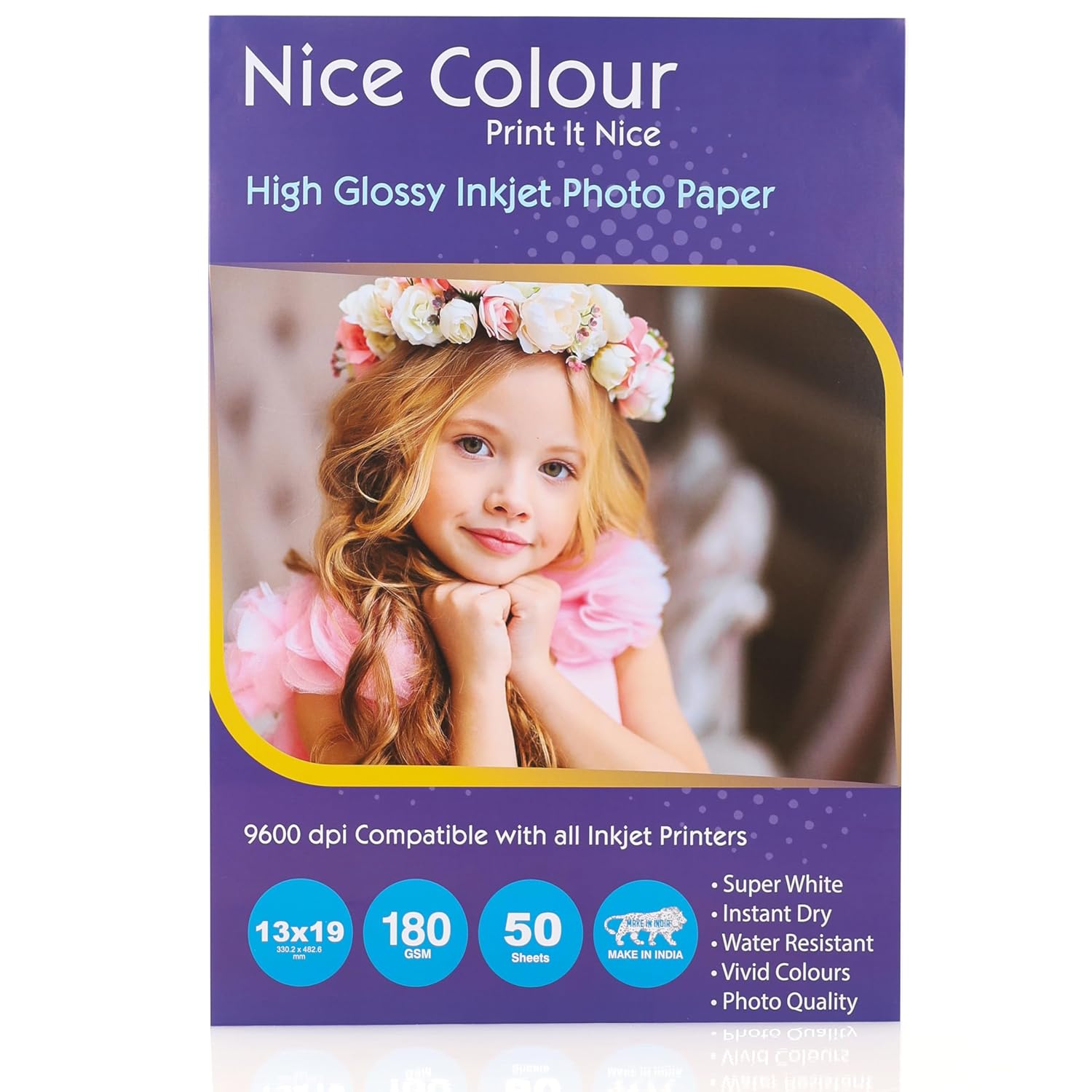 High Glossy Inkjet Photo Paper, Quick Dry, Water Resistant, Sharp Color Print, Photo Lab Qualit for All Inkjet Printers (180 GSM – 13×19-50 Sheet)