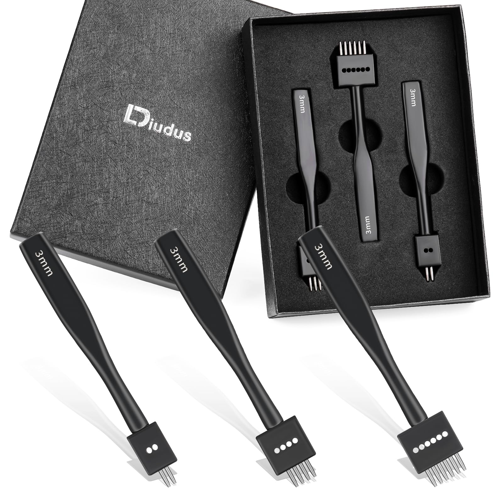 DIUDUS Leather Hole Punch, Prong Punch, Black Leather Hole Punch Tool 3mm 2/4/6 Lacing Stitching Punch, Round Hole Prong Stitching Chisel Set Leather Working Tools for Leather Craft