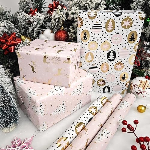 Miniatura 2 de LDGOOAEL Rollo pequeño de papel de regalo de Navidad con líneas de corte en el reverso (17 x 120 pulgadas por rollo), papel de regalo rosa con