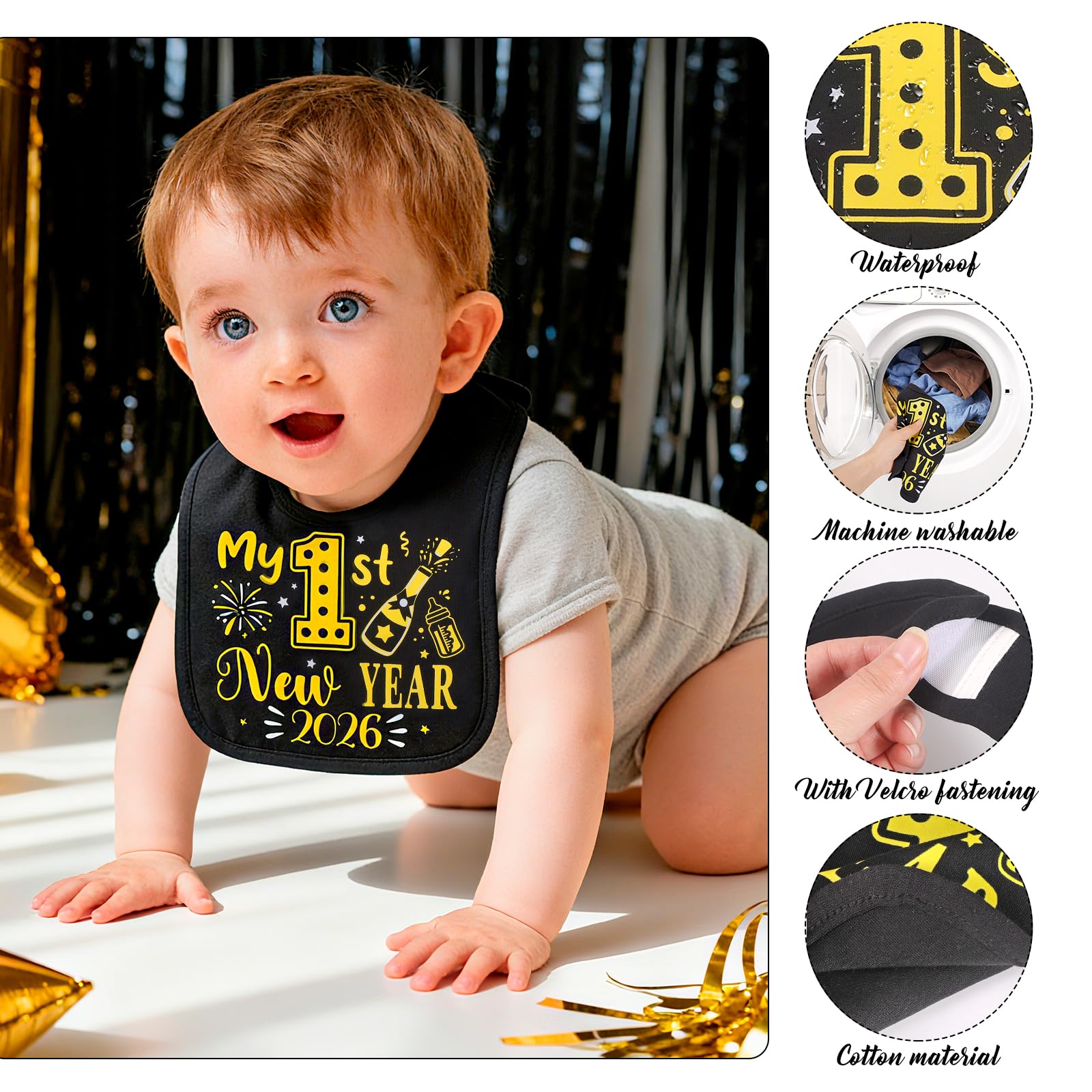 DPKOW Black Gold My 1st New Year Bib 2026 New Years Eve Party Accessories, Baby's First Christmas Holiday Gifts Unisex - Image 4