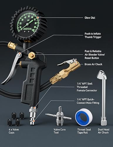 Miniatura 12 de AstroAI - Inflador de neumáticos con manómetro, portabrocas de aire de 100 PSI y accesorios de compresor, resistente, con gran esfera de brillo