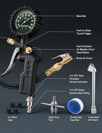 AstroAI Tire Pressure Gauge with Inflator, 100 PSI-ANSI B40.1 Accurate, Large 2.5 Easy Read Glow Dial, Heavy Duty Air Chuck and Compressor Accessories for Truck, with Case