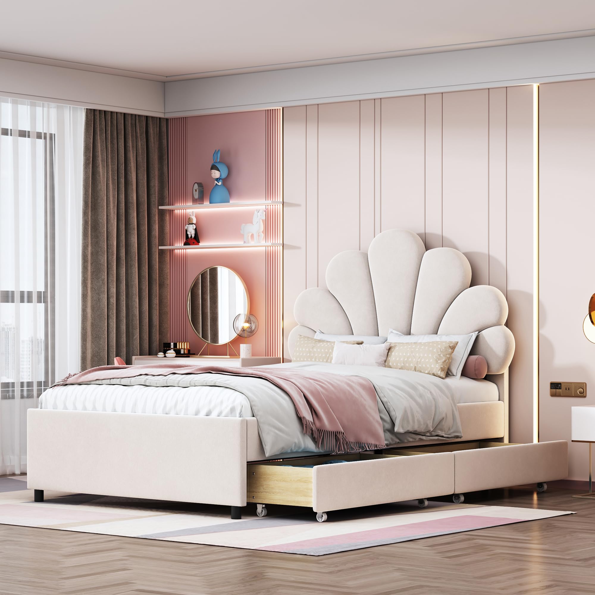 Dolamaní Jugendbett Mädchen Bett 90x200 cm, Höhenverstellbarem Kopfteil-geblümtem, Lattenrost Holz, 2 Schubladen mit Rollen, Polsterbett Sam Beige