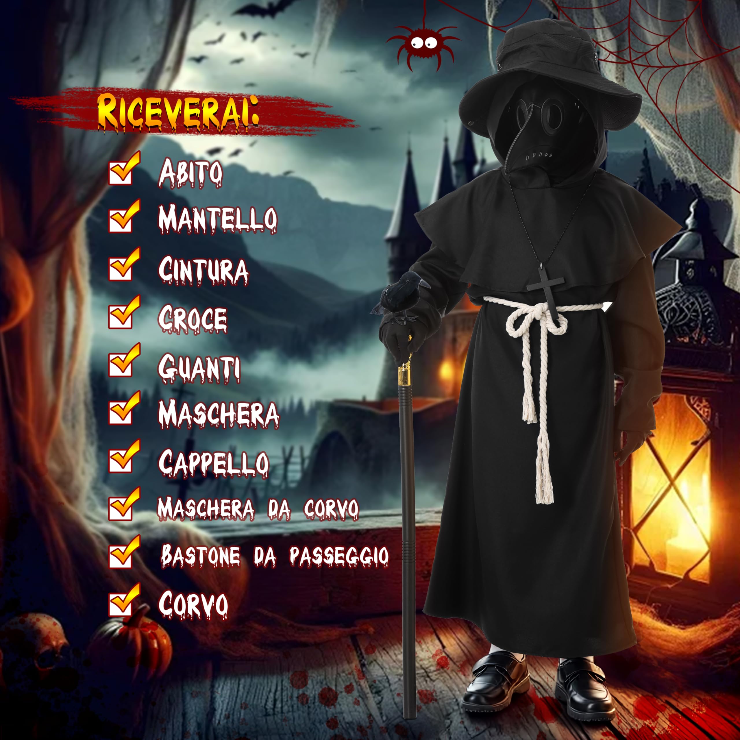 MOMOSTAR Medico Della Peste Costume per Bambini, Halloween Costume Pestdottore con Maschera del Medico Della Peste, Medievale Plague Doctor Costume per Halloween Carnevali Cosplay