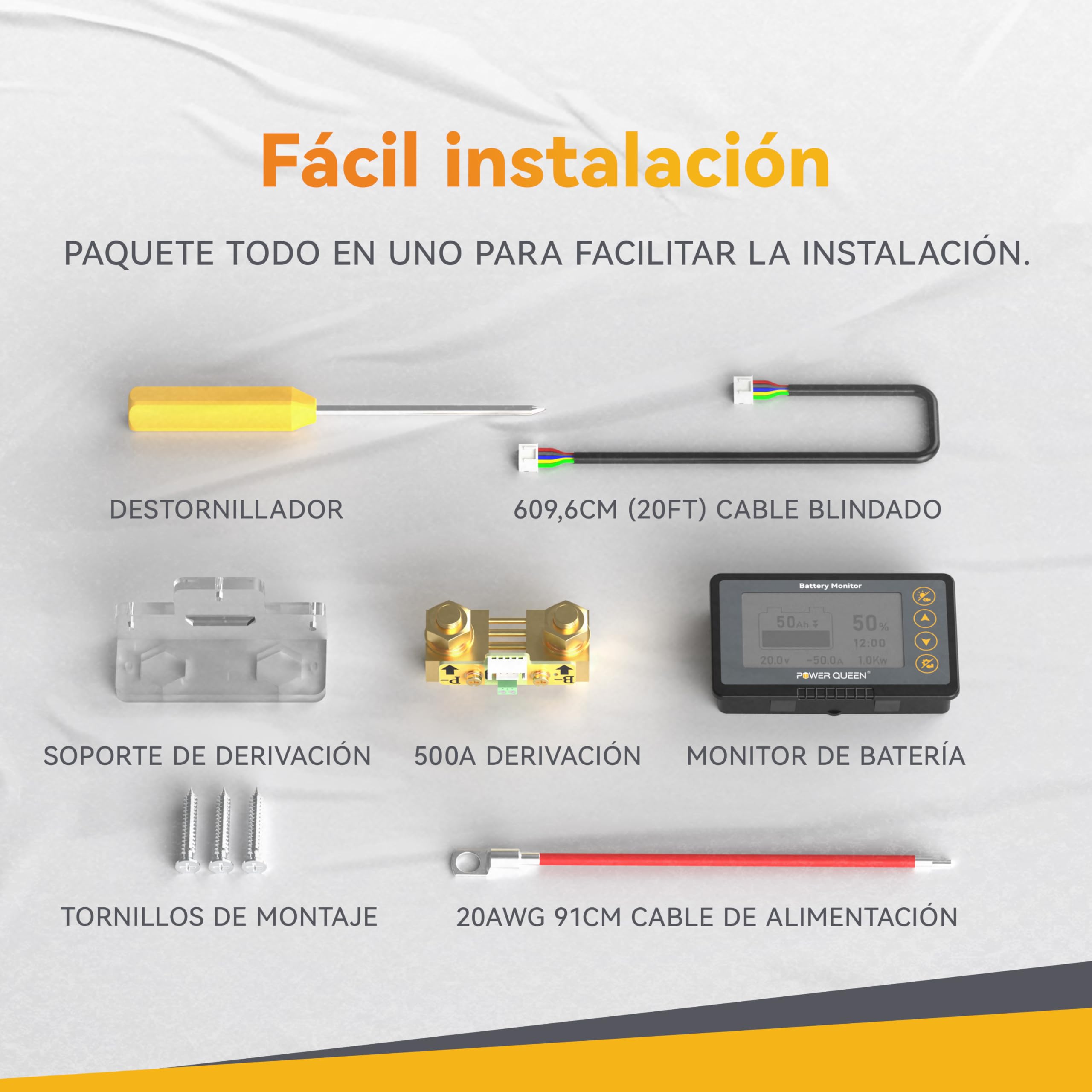 POWER QUEEN Monitor de Baterías 500A con Shunt y Pantalla LCD | Rango de 8V-120V para LiFePO4, Litio o Gel,Con Cable Blindado de 6M, Alarma Programable Inteligente y Alta Precisión