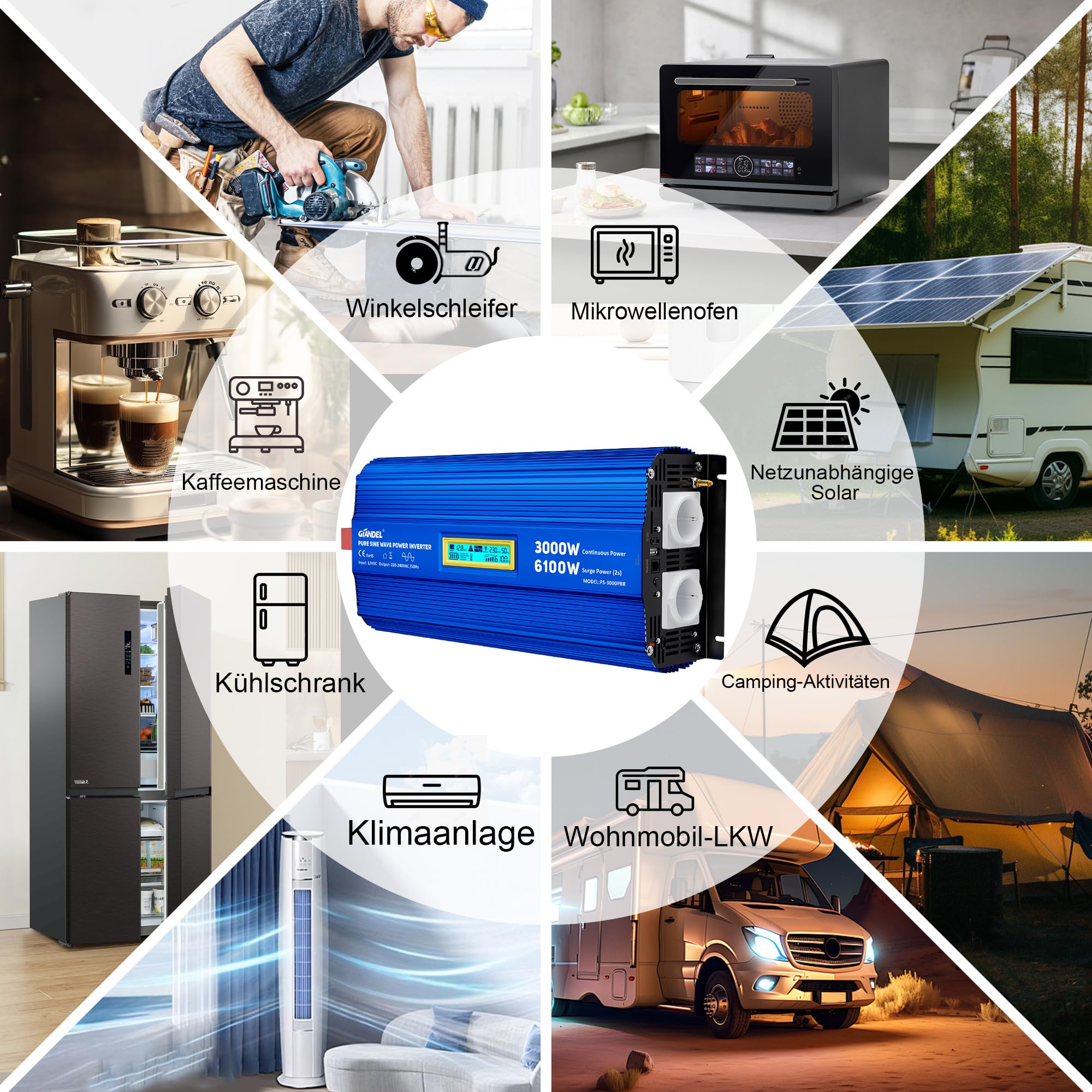 GIANDEL 3000W Reiner Sinus Wechselrichter 12V auf 230V Spitzenleistung 6100W Spannungswandler Kompatibel mit LiFePO4 Power Inverter mit Fernbedienung und USB-C PD 30W für Wohnmobil Camping Wohnwagen