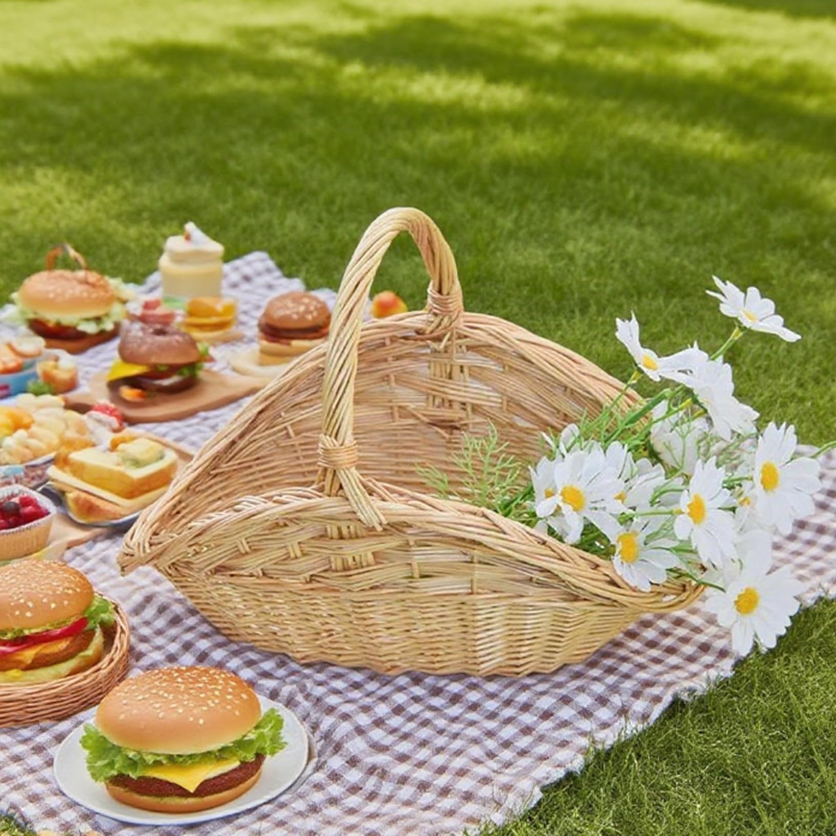 Cestino da giardino in rattan, cestino portaoggetti da picnic in vimini con manico, supporto portatile e robusto per frutta, verdura e attività all'aperto