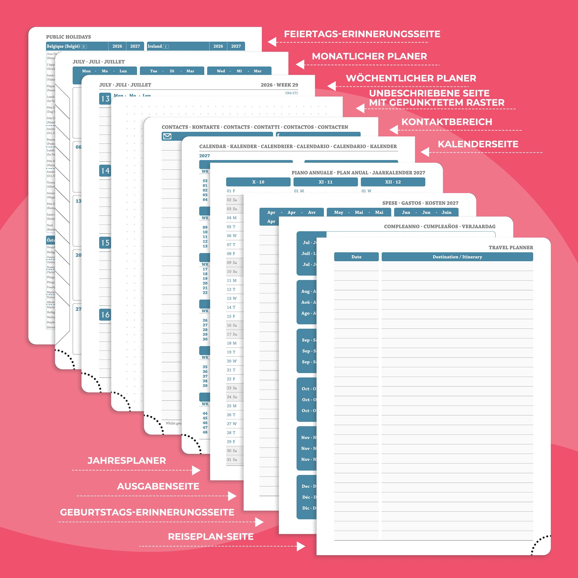 Kalender 2026 2027 Wochenplaner,A5(21,9x 16,2cm),18-Monate Buchkalender (Jul.2026-Dez.2027) Ringbuch mit Softcover,wochenkalender mit selbstklebendem Stifthalter,Rosenrot,Querformat.