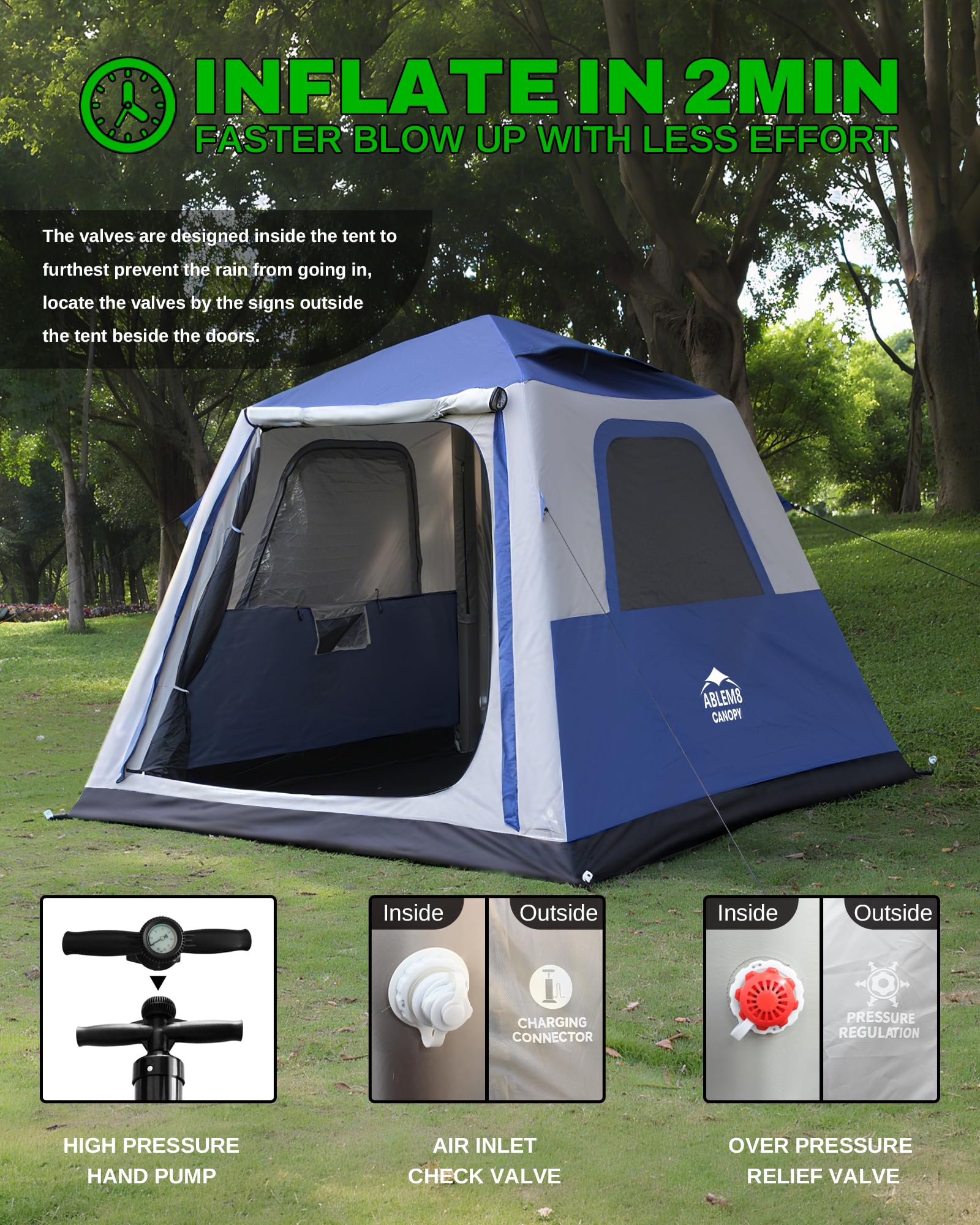 ABLEM8CANOPY Inflatable Tent for Camping, 8.2x8.2FT Large 4-6 Person Blow up Tent with 2 Doors and 4 Screen Mesh Panels, Footprint Included(Sapphire & Light Gray)