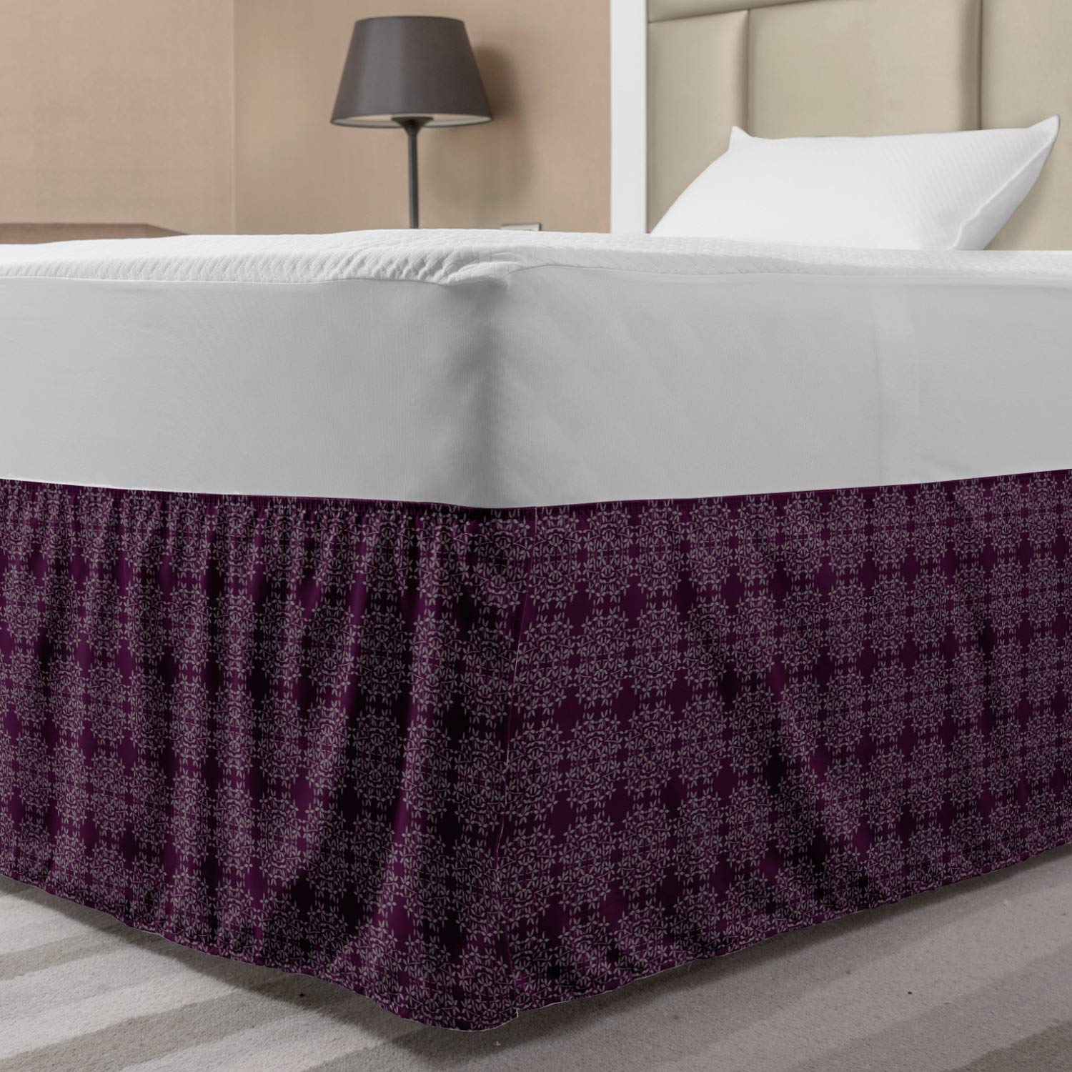Lunarable Floral Bed Skirt Ornamental Small Leaves Motif in Recurring Design and Monochrome Style Elastic Bedskirt Dust Ruffle