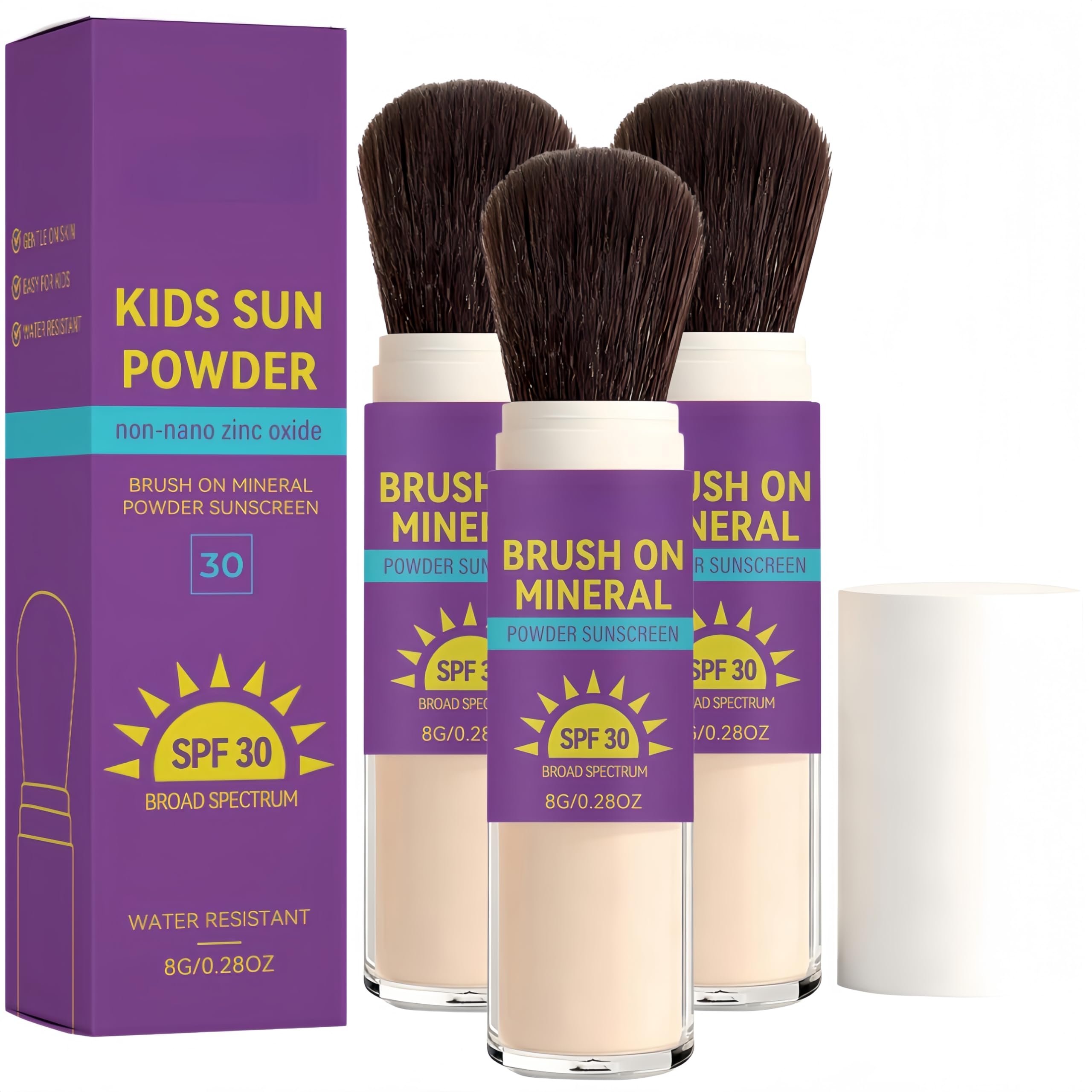 Kids Mineral Sunscreen Powder SPF 30, Brush-On SPF Powder for Scalp, Gentle No White Cast Non Greasy, Baby Toddler Sunscreen Travel Size 8g (3PCS)