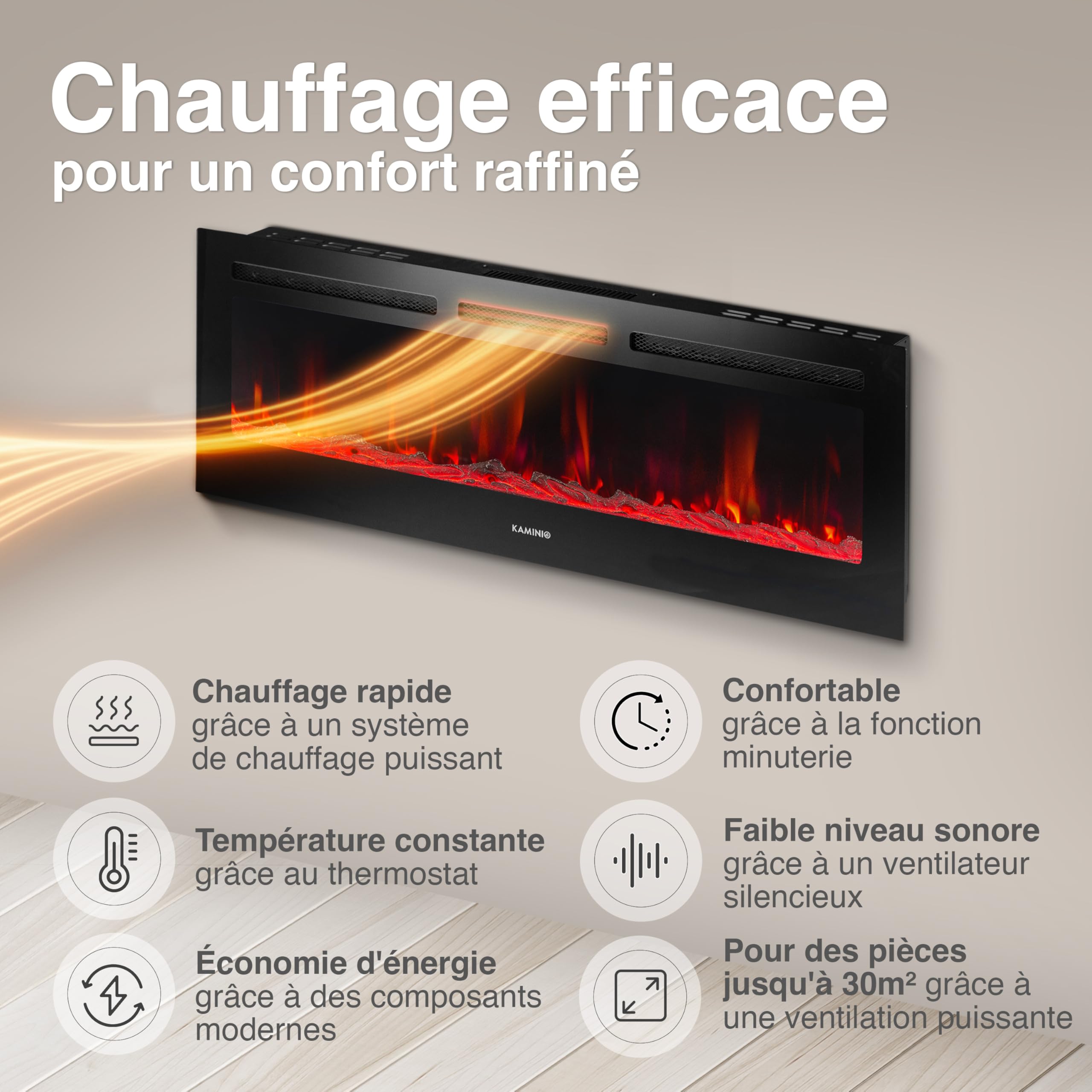 KAMINIO Cheminée Electrique Marlon - Cheminée Électrique 3-en-1 avec Chauffage, Effet de Flamme 3D, 12 Couleurs de Flammes, télécommande (60 Pouces) - 4