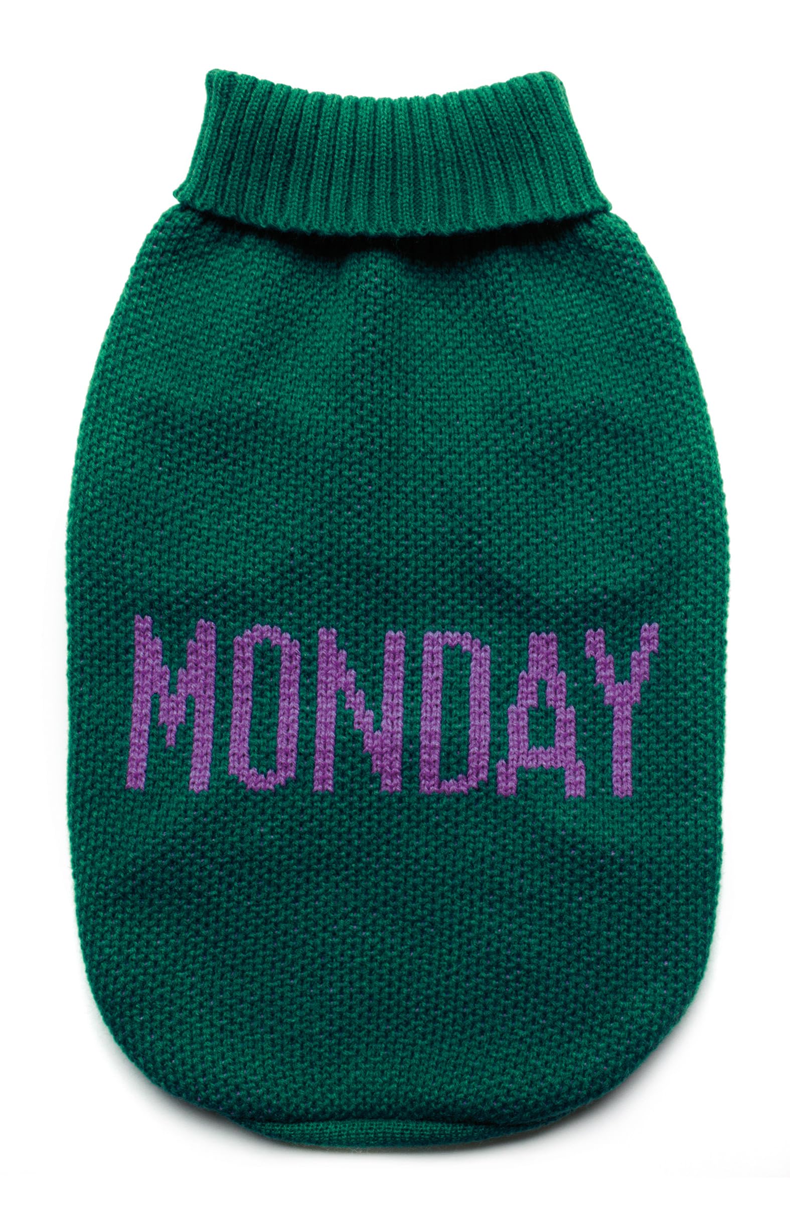 Record - Dog Sweater Everyday Soft High Neck Sweater with Elasticated Waistband, Embroidered 'Monday' | Green, S - Back Length 35cm
