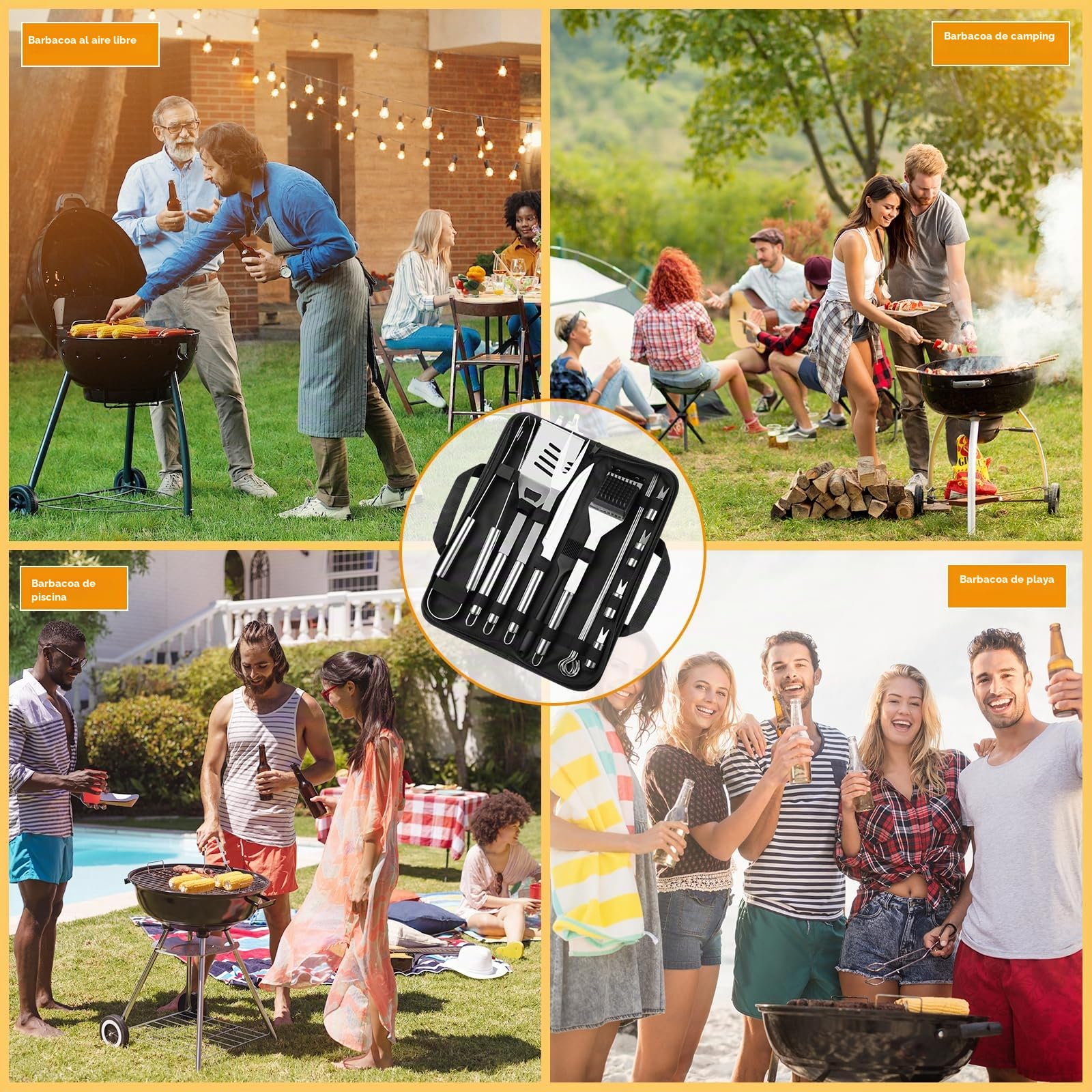 15Pcs Kit Barbacoa, Juego de Utensilios Barbacoa de Acero Inoxidable, Profesionales Accesorios Barbacoa Prácticas con Bolsa Portatil, Herramientas Parrilla Barbacoa para Camping Picnic Exterior