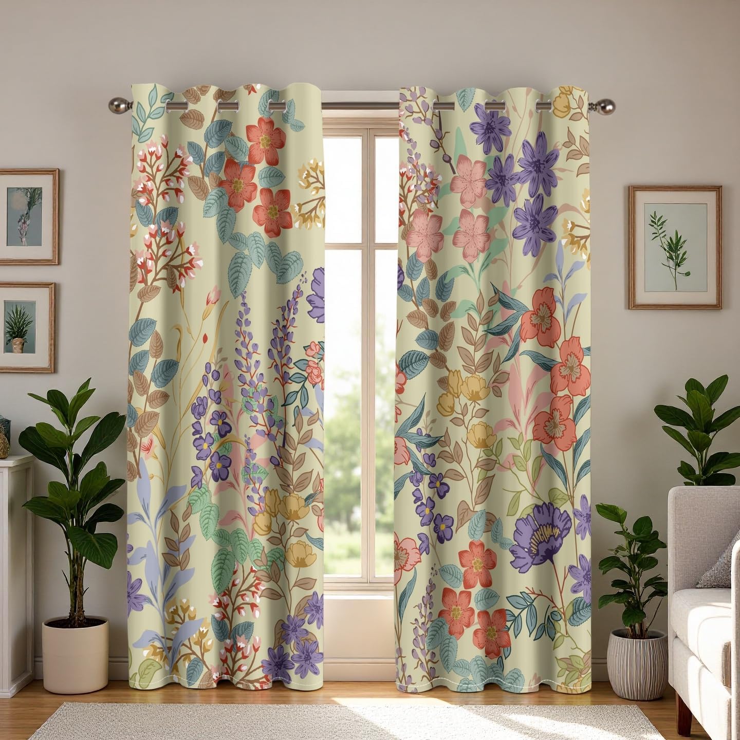 Black 100% Blackout Floral Curtains for Bedroom 84 in Long 2 Panels Farmhouse Wild Flower Vintage Full Light Blocking Room Darkening Window Drapes, Thermal Insulated Black Out Curtain for Living Room