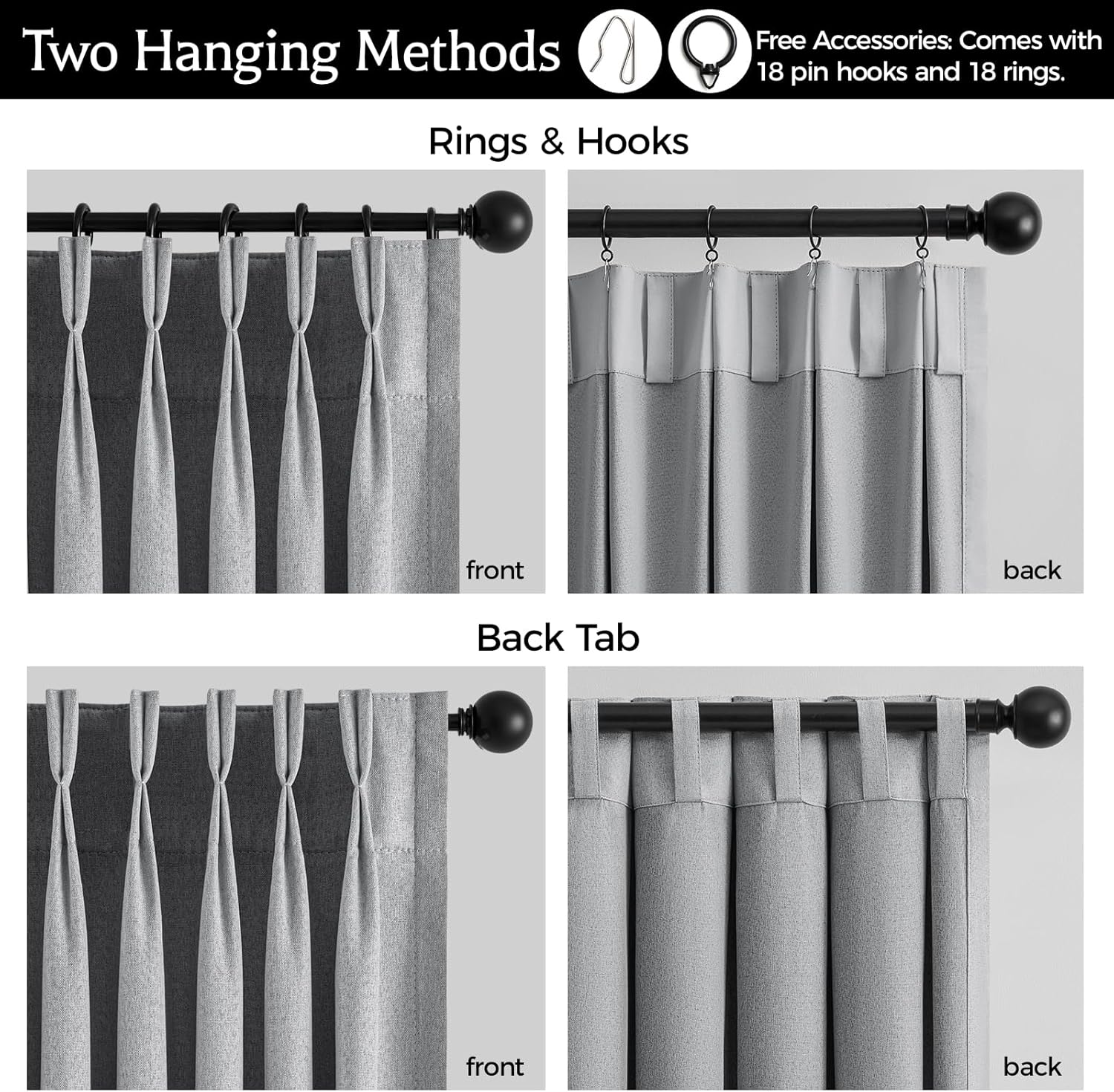 Pinch Pleated Full Blackout Curtains for Bedroom & Living Room, Linen Textured Thermal Insulated Blackout Window Curtains & Drapes 95 Inches Long, 2 Panels Set(40" W x 95" L, Grey)