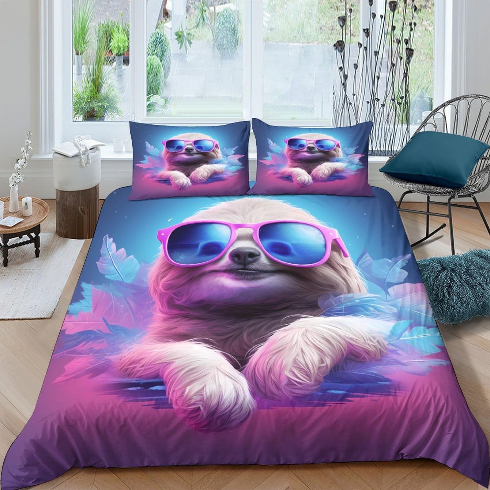 Ctjqhvkz Style-3 3D Printed Sloth With Sunglasses Fitted Sheet Microfiber Vibrant Blue Pink Bed Cover Anti-Slip Machine Washable Decor Single（135X200cm）