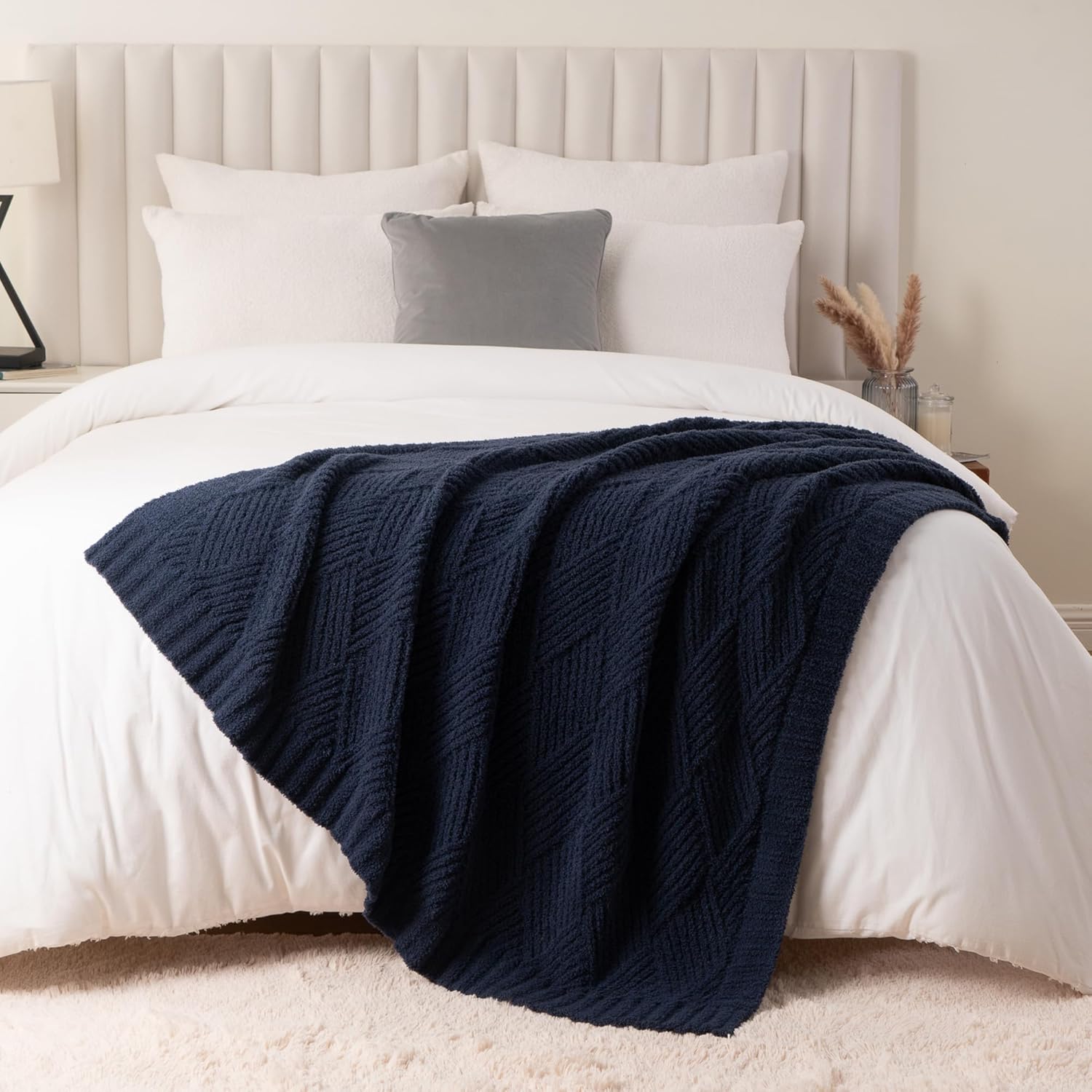 Battilo Navy Chenille Throw Blanket for Couch, Soft Diamond Textured Knit Blanket, Cozy Lightweight Decorative Blankets for Sofa, 50"x60"