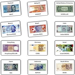Generic World Currency Flash Cards | 100 Laminated Montessori Cards | International Currency | National Currencies | Kid's Educational Flash Cards