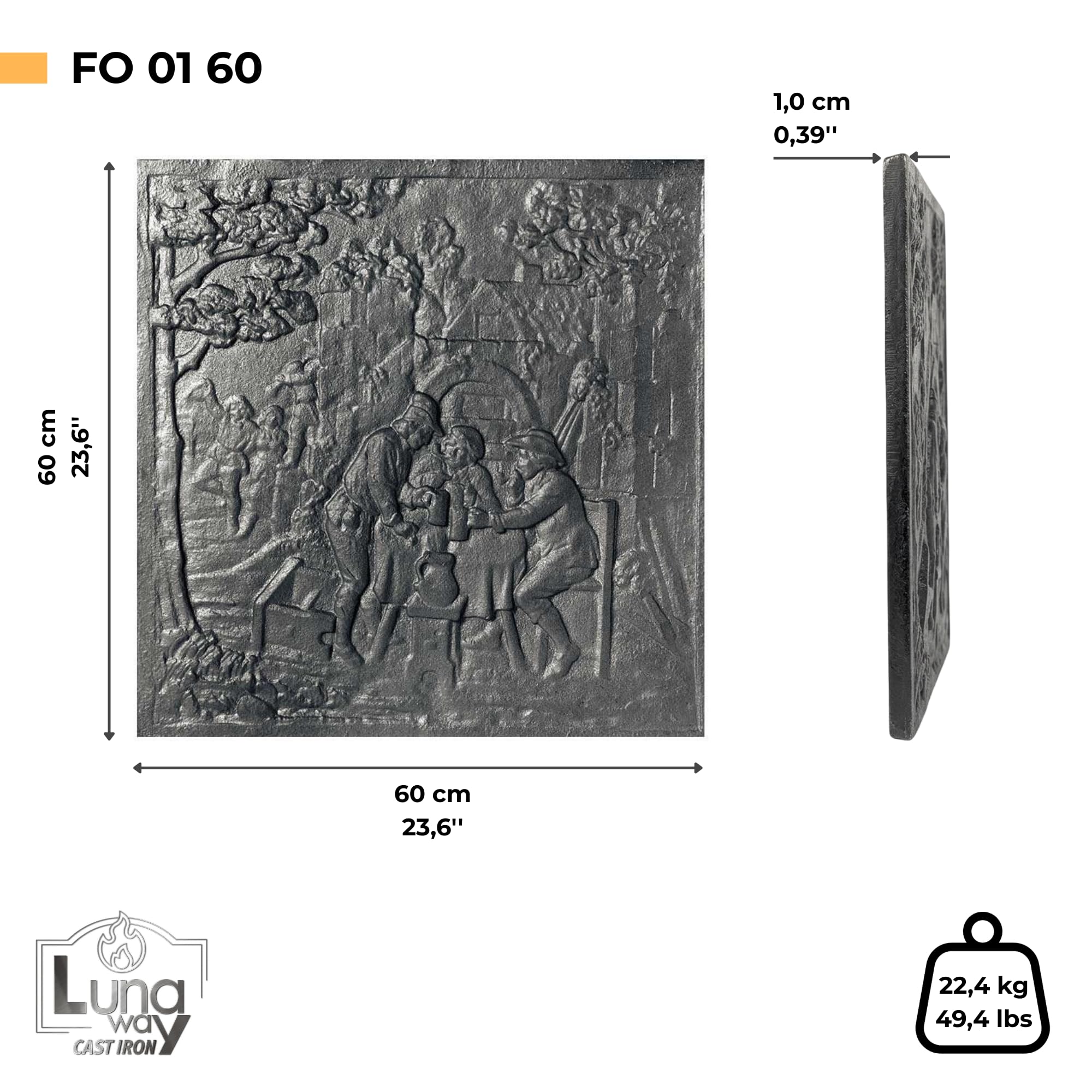 Lunaway - Placa Decorativa de Hierro Fundido 'Taberna' para Revestimiento de Chimenea (60 x 60 cm | Grosor 1 cm) | Placa decorativa de hierro fundido para chimeneas, almacenamiento y liberación gradual del calor, resistente y duradero