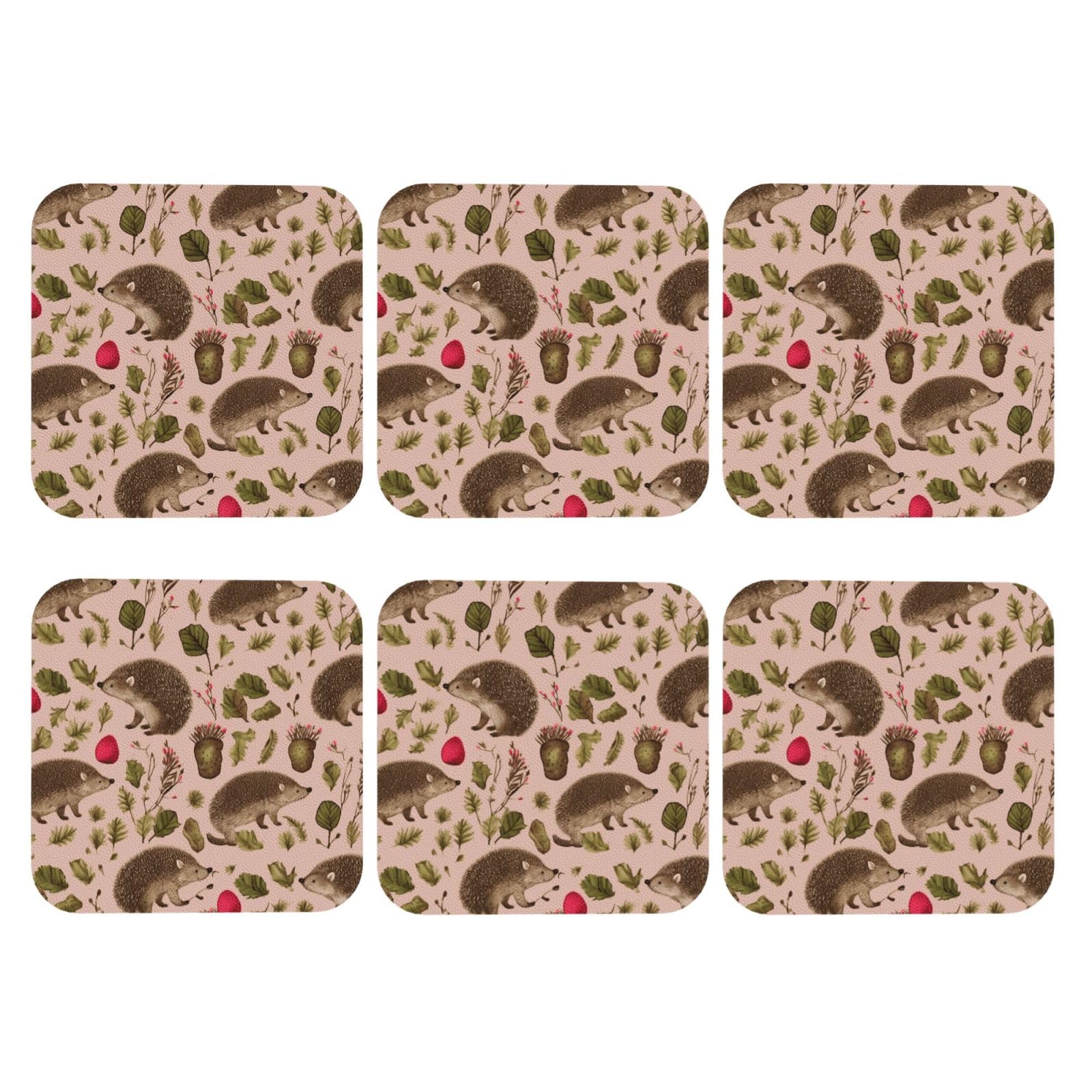 6pcs Leather Coasters for Drinks, Hedgehog Print Drink Coasters for Tabletop Protection, 4" Cup Coasters for Coffee Table Decor, Non-Slip Drinking Cup Mat for Hot Or Cold Drink