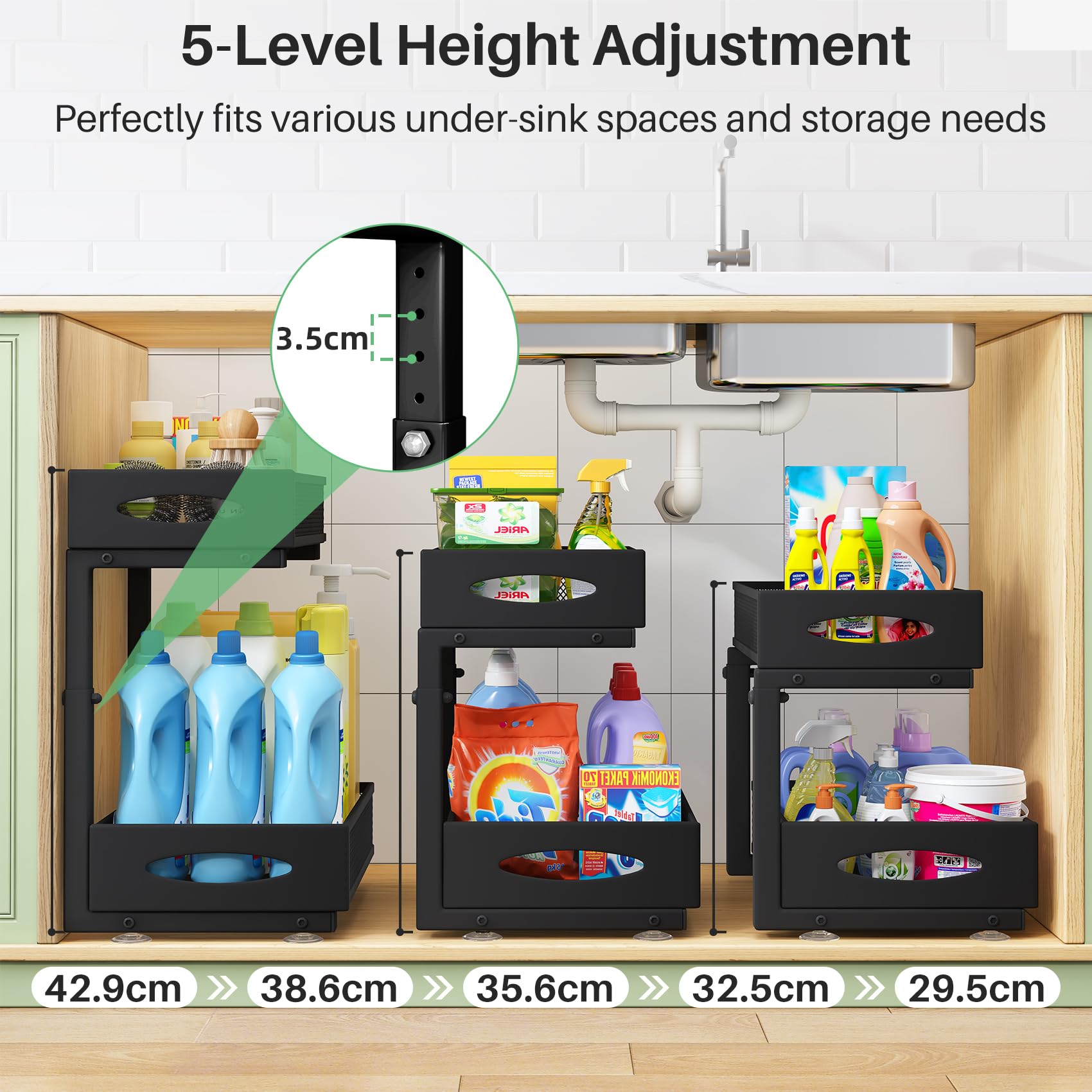 Kitstorack Organizador Bajo Fregadero de Metal - Estante con 2 Niveles y Cajones de Malla Deslizantes - Altura Ajustable Organizador Cocina para Cocina, Baño y Armario (Negro, 1 Unidad)