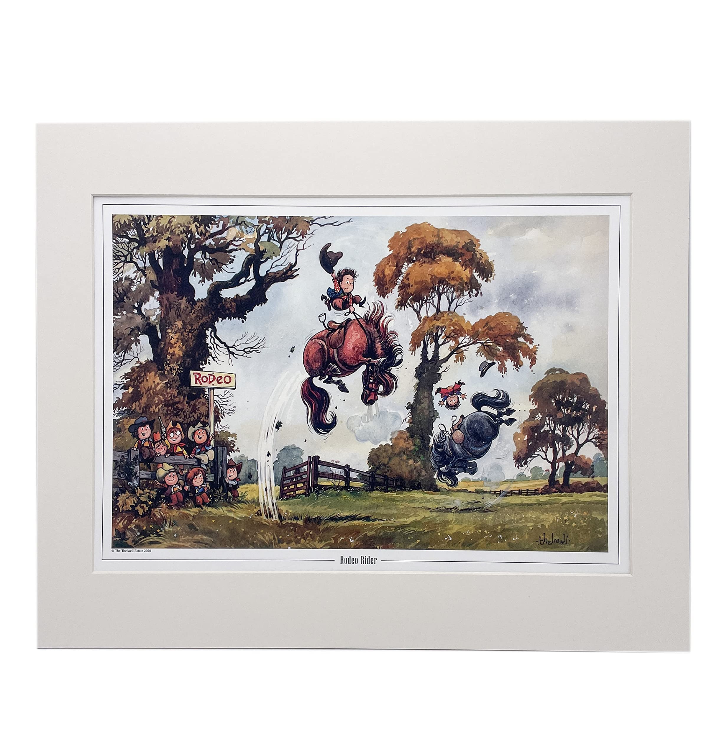 Thelwell Multi-Color Cartoon Pony Print. Rodeo Rider Fun Collectable Horse Riding Art For Equestrian Homes. Mounted.