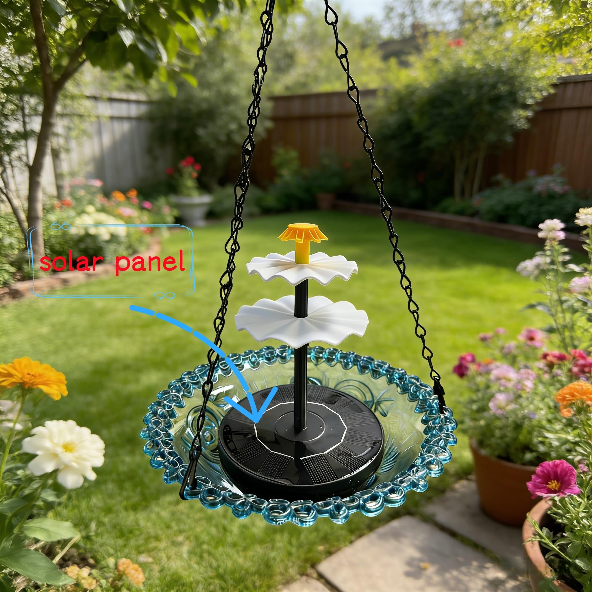 Solar Cascade Hanging Bird Bath Fountain - 9 Water Outlets for Soothing Stream Sound - Solar Powered Birdbath with 12" Large Bowl for Outdoor Garden Yard Decor & Hummingbird Attraction (Blue) — view 4