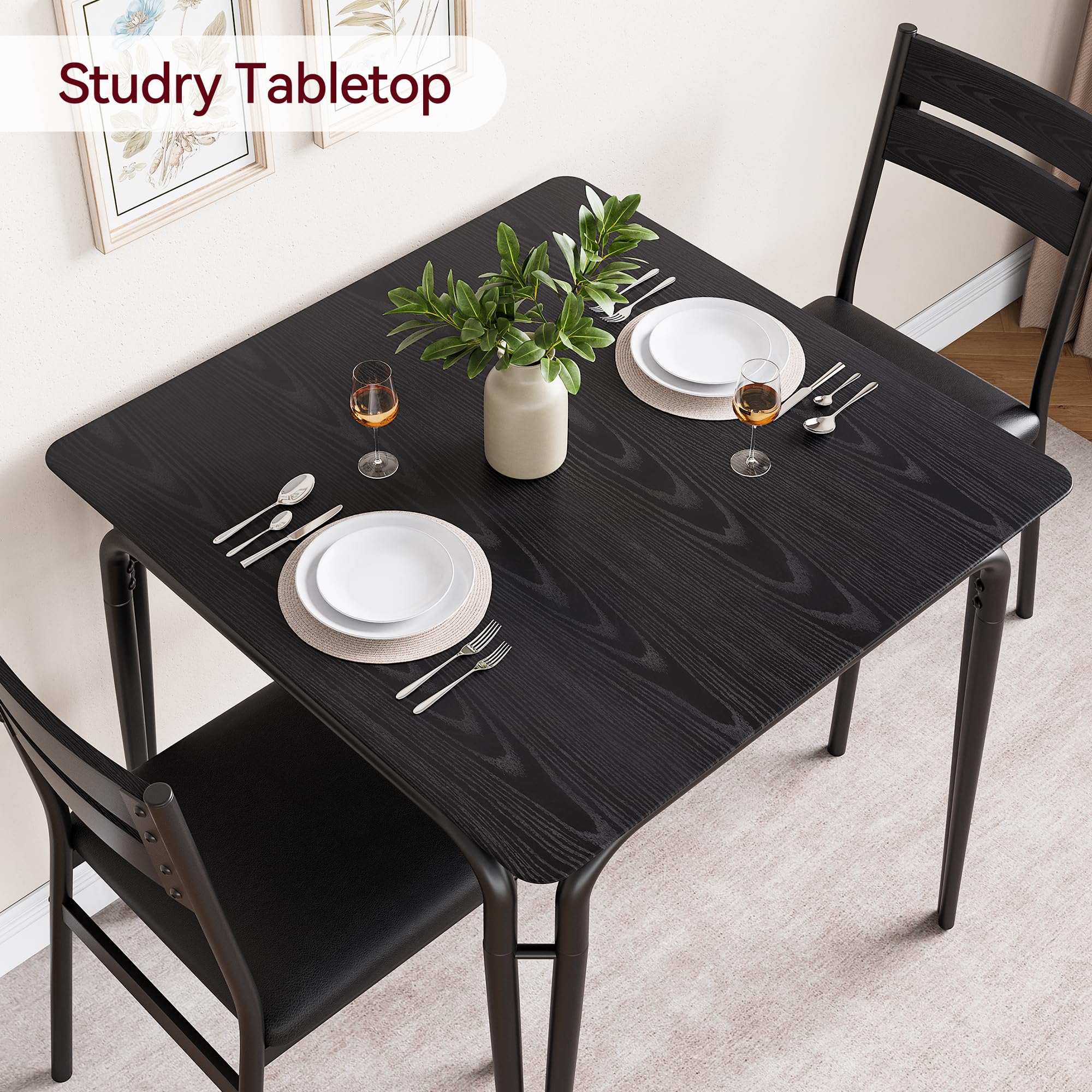 GarveeHome Ensemble de salle à manger compact pour 2 personnes - Table carrée et 2 chaises tapissées pour petites cuisines et appartements - Plateau MDF résistant - Noir