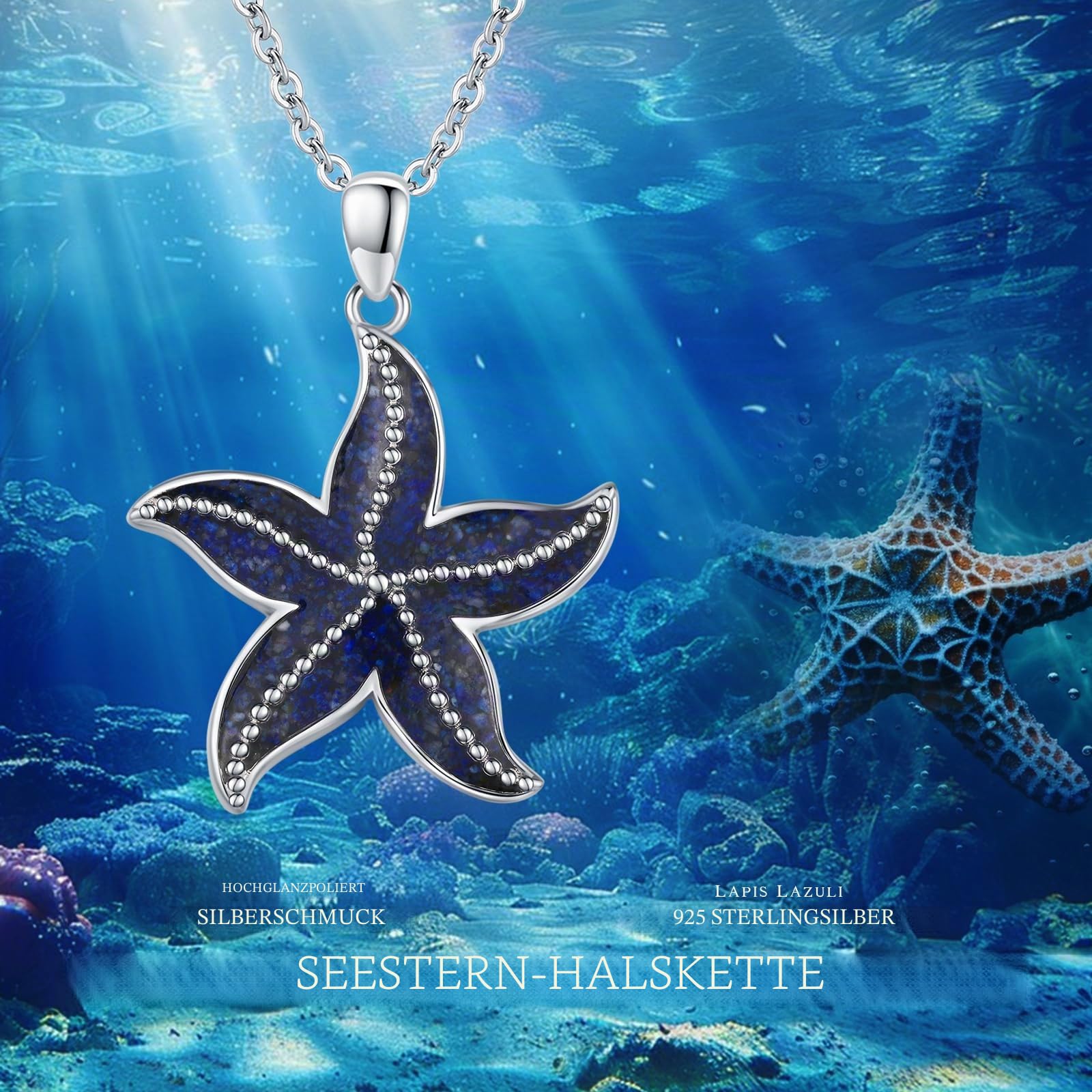REDSUN Seestern Kette 925 Sterling Silber Stern Anhänger Halskette mit Natürlichen Blau Kies Stein Seestern Ozean Anhänger Schmuck Geschenke für Frauen Maritimer Anhänger für Damen