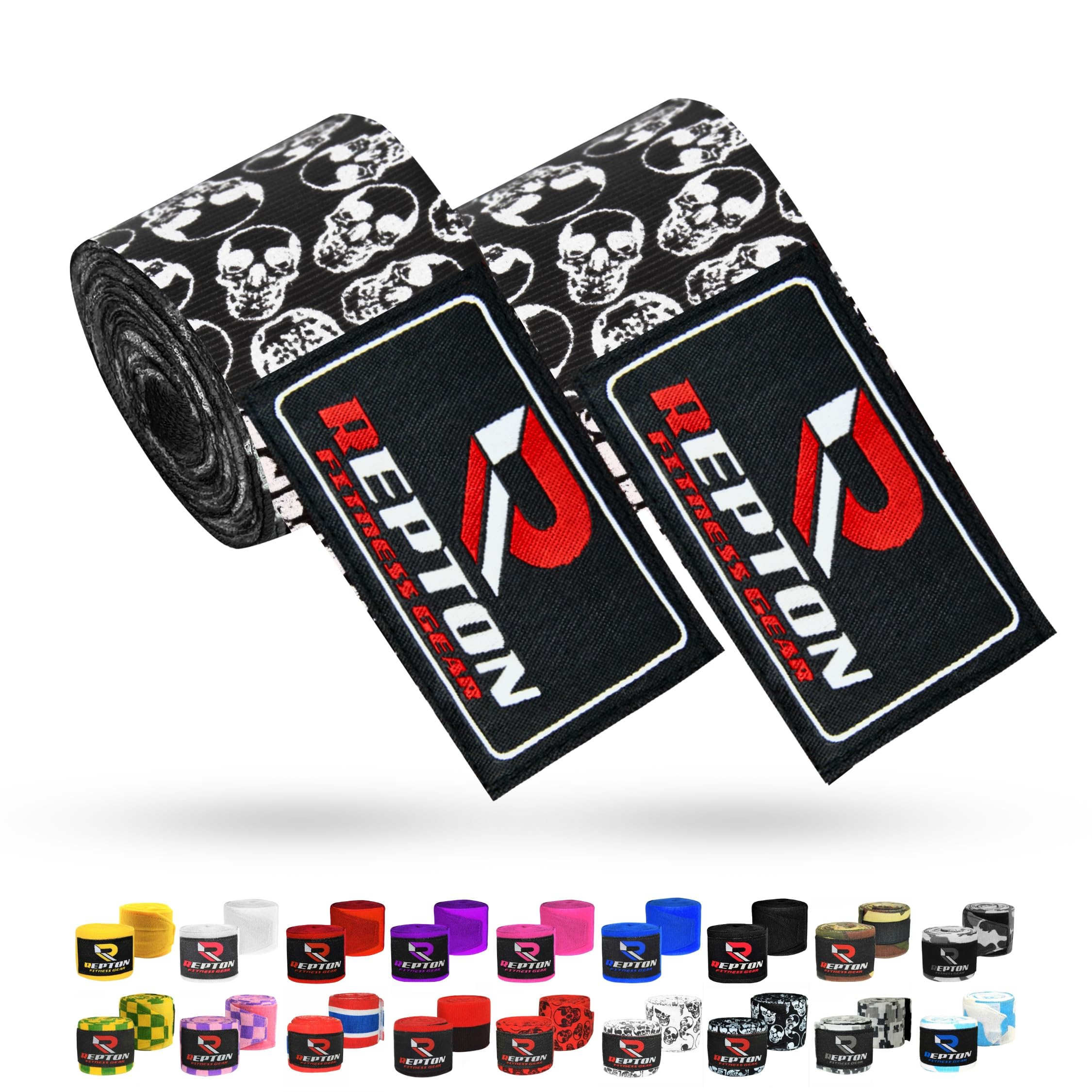 Boxing Hand Wraps for Men- Cotton Hand Gloves with Hook & Loop Strap & Thumb Loop -Elasticated Bandages Wrist Support tape -Great for MMA, Muay Thai, Kickboxing- Unisex Adult Pair (Black Skull)