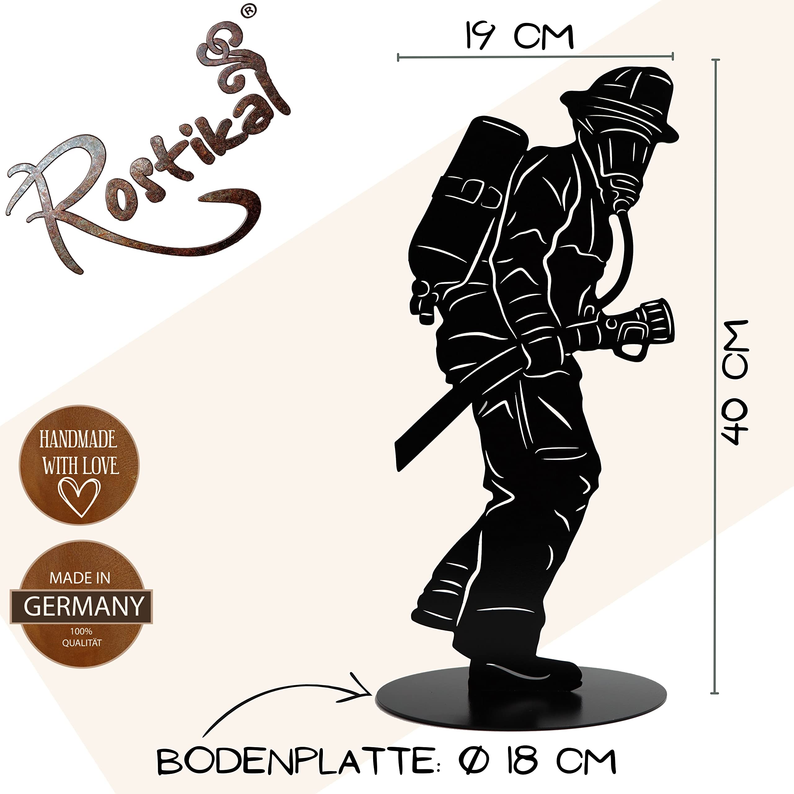 Rostikal Feuerwehrmann Figur Schwarz 40 cm Metall Skulptur Feuerwehr Deko | Pulverbeschichtete Statue mit Bodenplatte, standfeste Dekofigur für Wohnzimmer, Terrasse und Garten, Geschenkidee für Männer