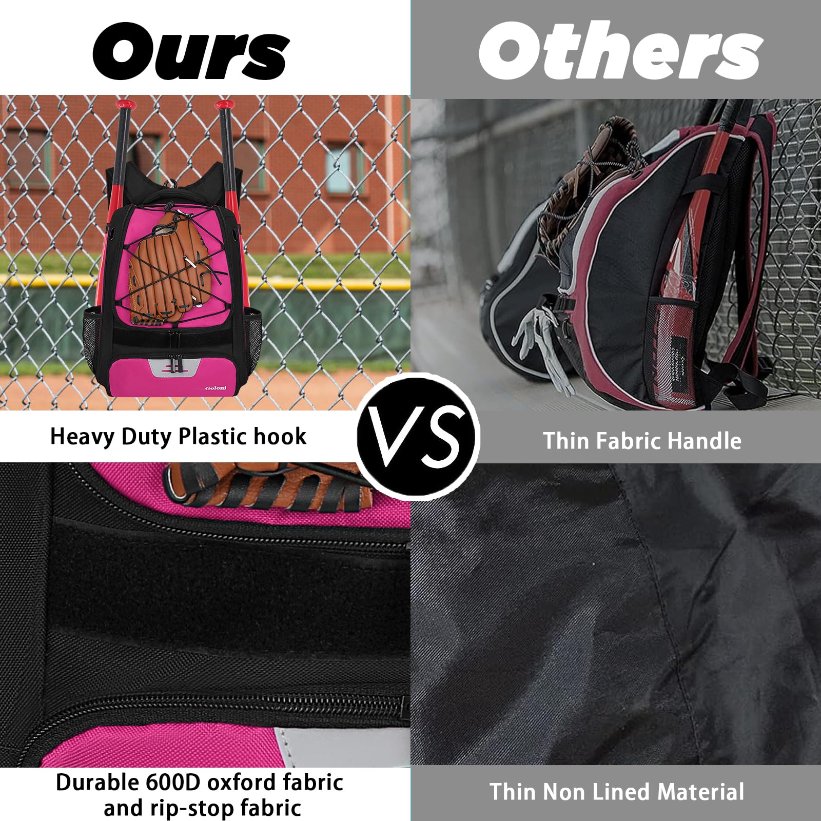 Goloni Youth Baseball Bag,Softball Bag with Shoes Compartment,Baseball Backpack with Fence Hook for TBall Bat & Equipment